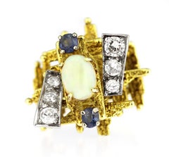 Vintage 1960s Abstract Opal Sapphire Diamond Ring 18ct Gold Limited Edition
