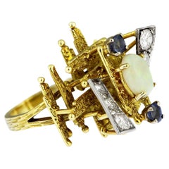 Vintage 1960s Abstract Opal Sapphire Diamond Ring 18ct Gold Limited Edition