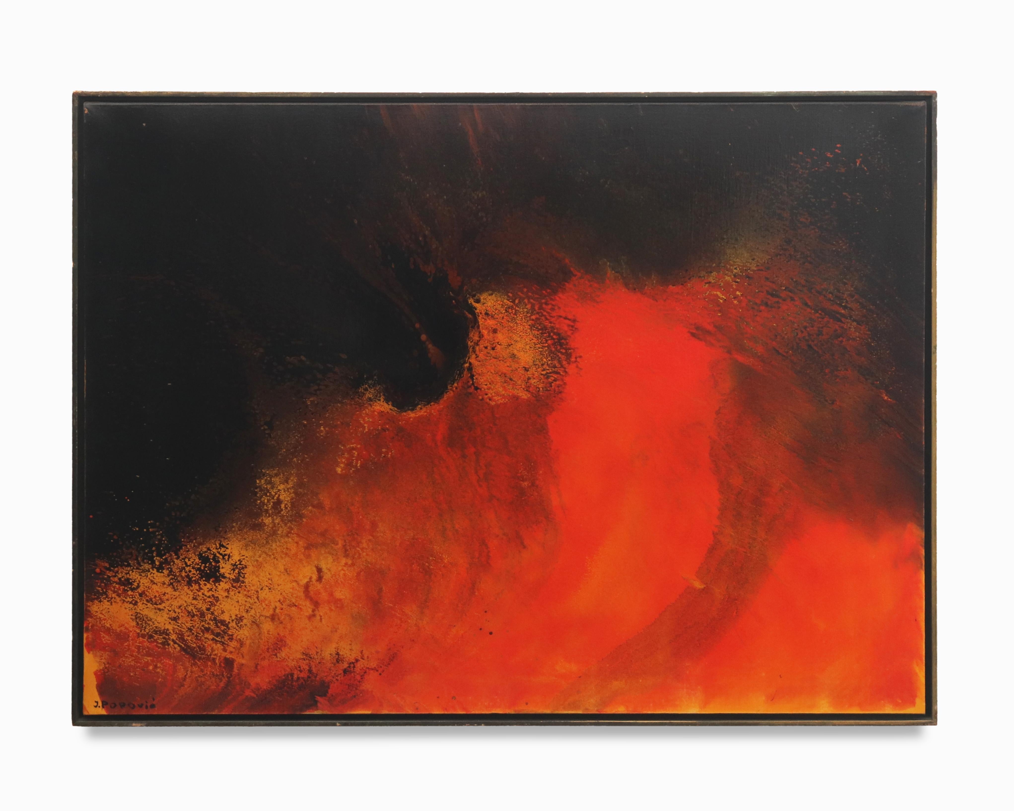 Here is a stunning and powerful painting by Montreal artist, John Popovic. The work features deep dark blacks, contrasted with splashes of red, orange and yellow.  40