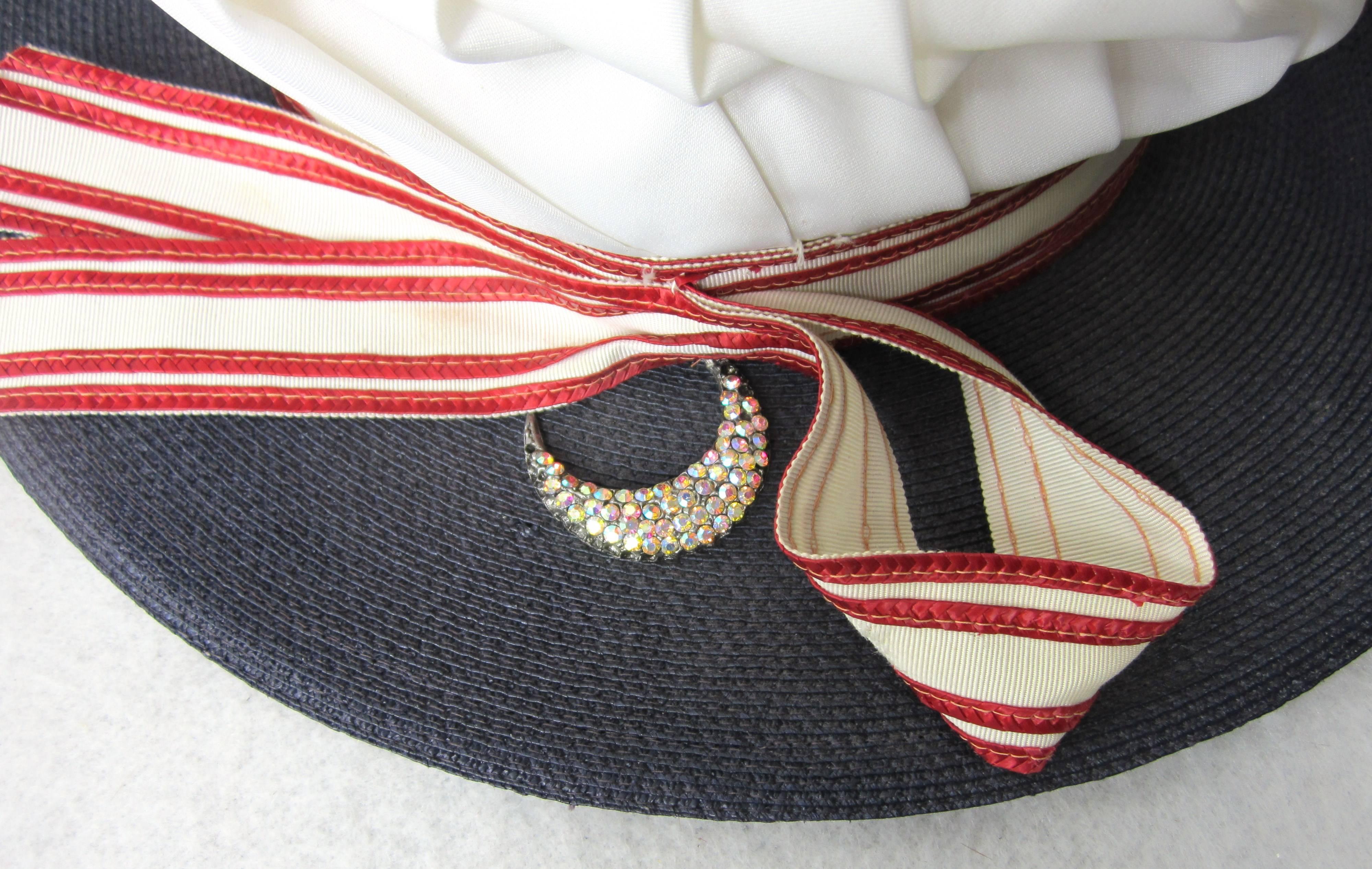 Gray Vintage 1960s Accordion Pleated Red White and Blue Floppy Bucket Straw Hat  For Sale