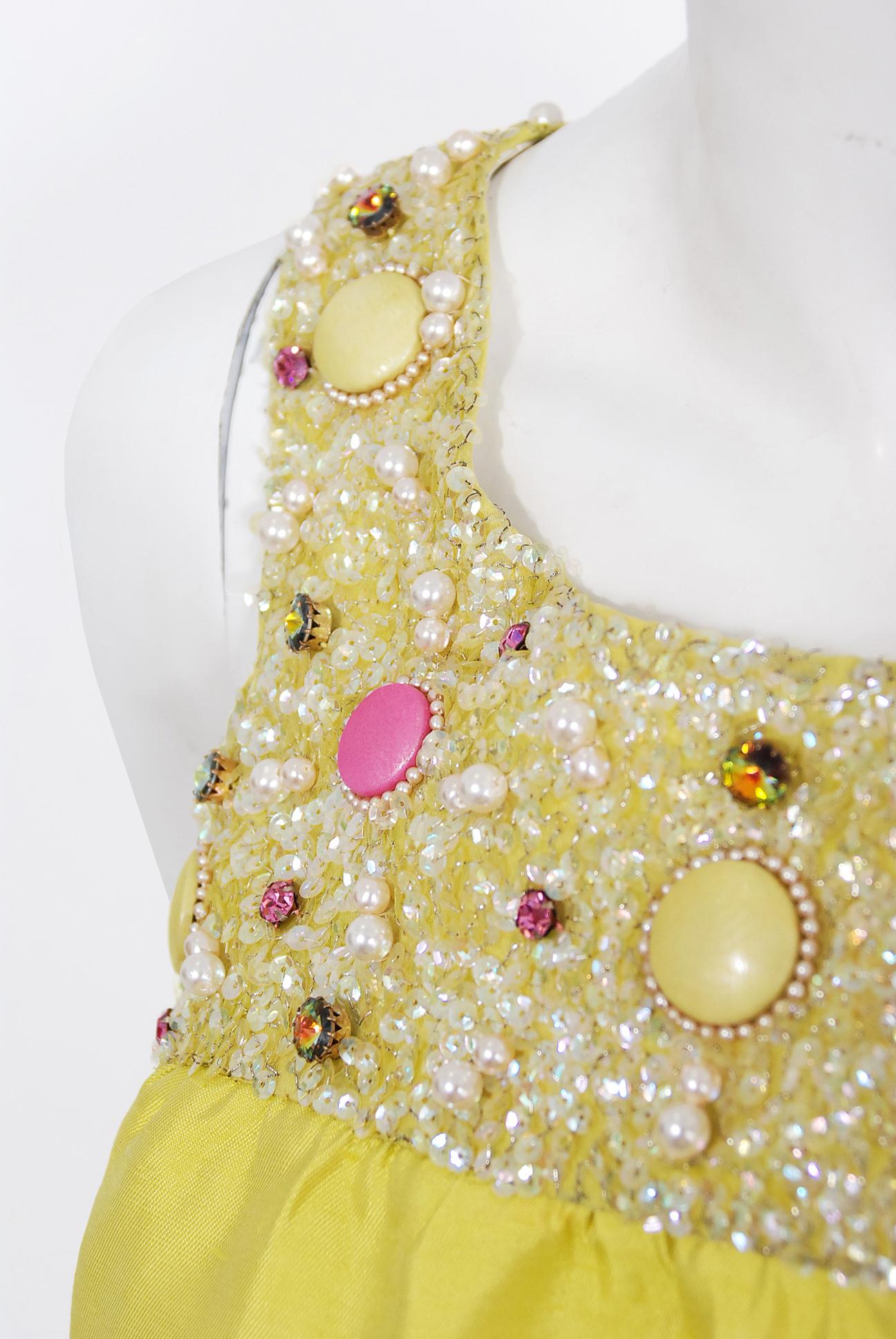Vintage 1960's Alexandre Paris Couture Chartreuse Silk Beaded Modernist Gown In Good Condition In Beverly Hills, CA