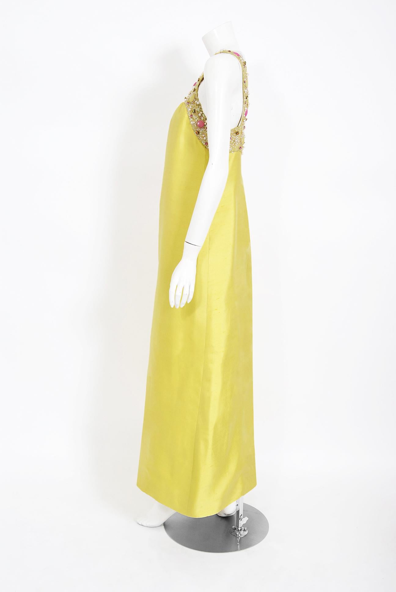 Women's Vintage 1960's Alexandre Paris Couture Chartreuse Silk Beaded Modernist Gown