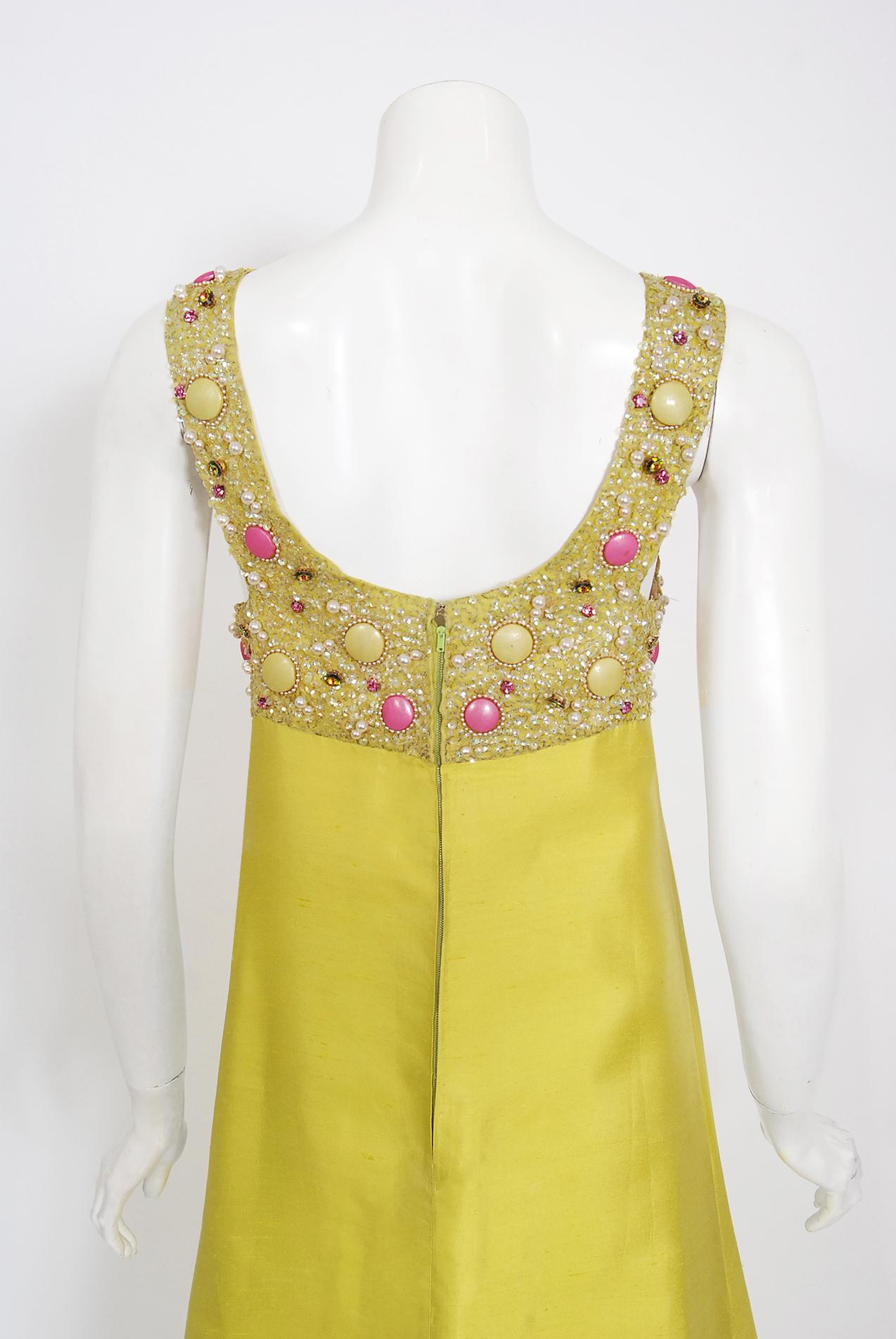 Vintage 1960's Alexandre Paris Couture Chartreuse Silk Beaded Modernist Gown 2