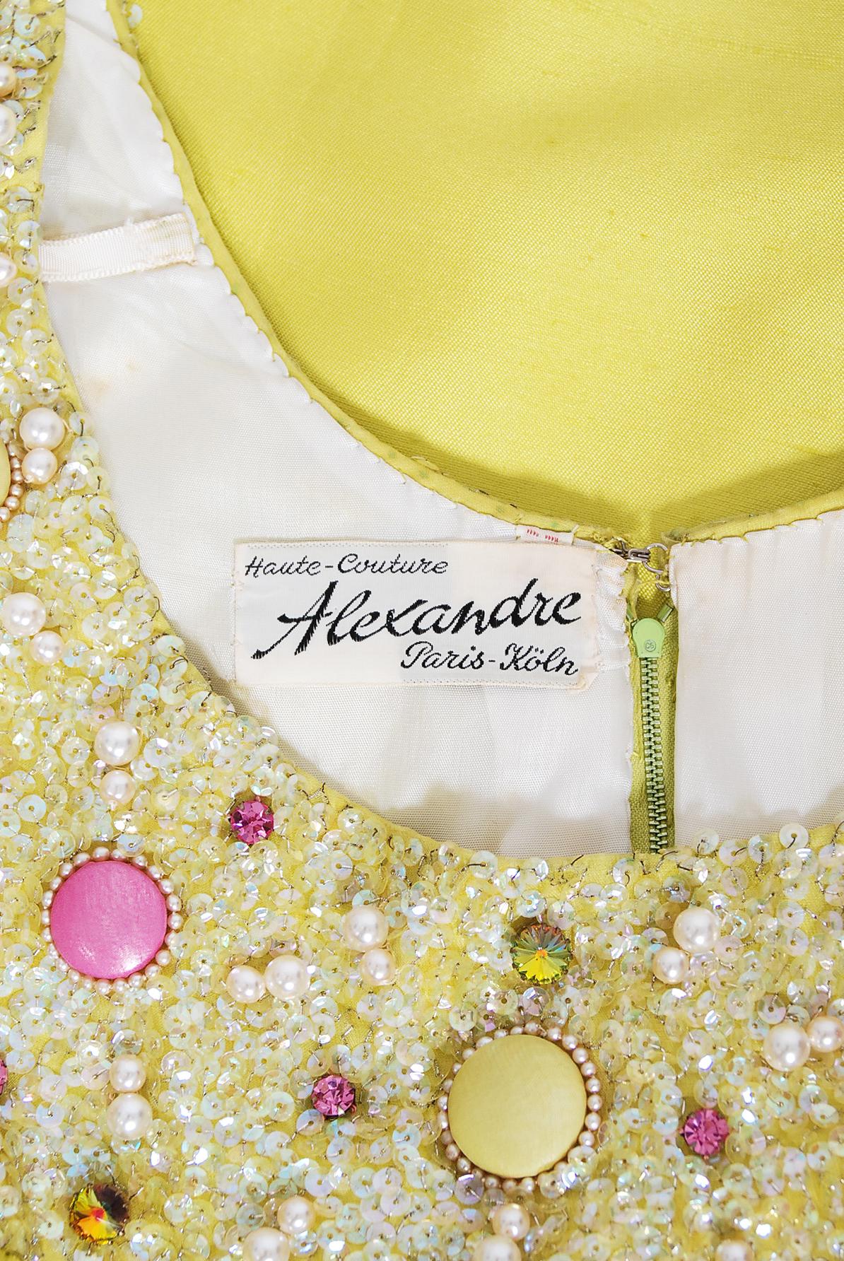 Vintage 1960's Alexandre Paris Couture Chartreuse Silk Beaded Modernist Gown 3