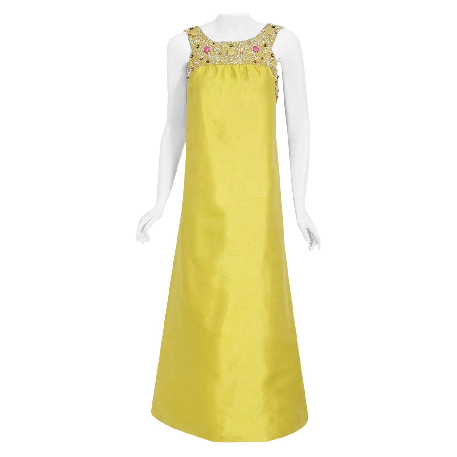 Vintage 1960 Alexandre Paris Couture Vestido modernista de cuentas de seda Chartreuse