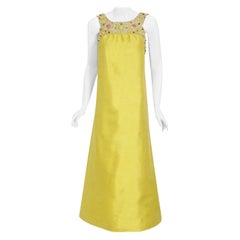 Vintage 1960's Alexandre Paris Couture Chartreuse Silk Beaded Modernist Gown