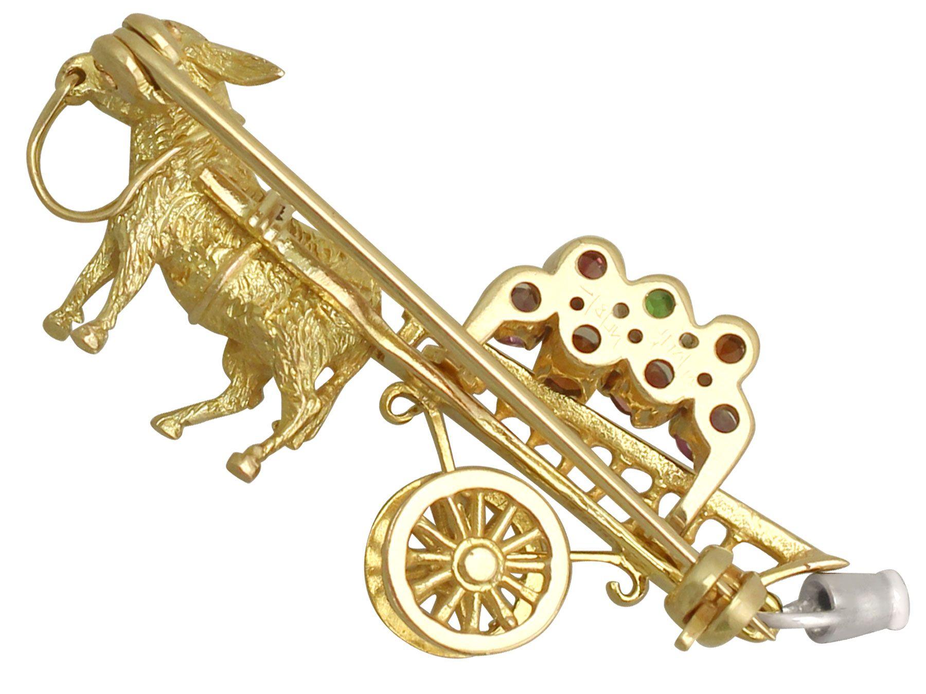 Round Cut Vintage Amethyst Garnet Peridot Yellow Gold Donkey and Cart Brooch Circa 1970 For Sale