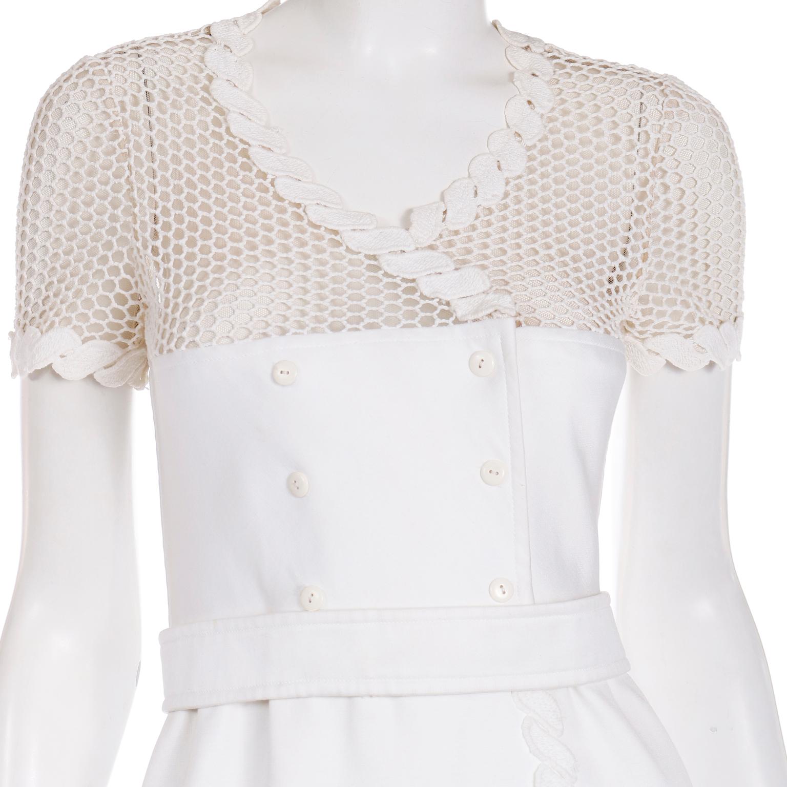 Vintage 1960s Andre Courreges White Dress With Crochet Mesh & Belt For Sale 6