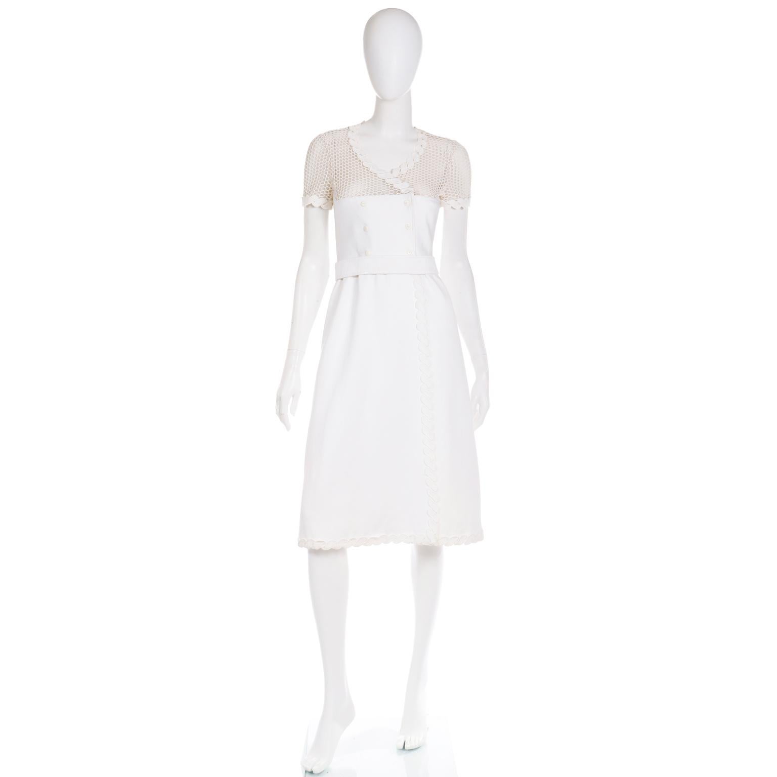 Gray Vintage 1960s Andre Courreges White Dress With Crochet Mesh & Belt For Sale