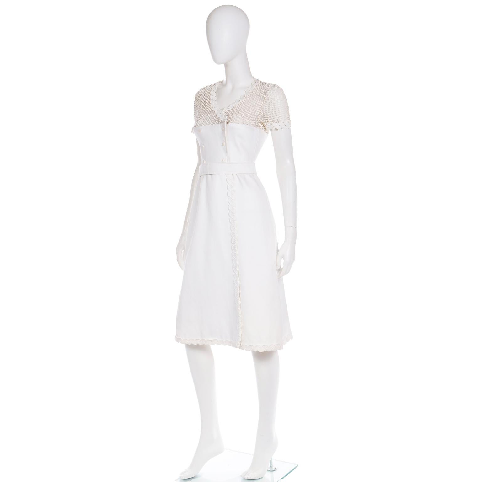 Vintage 1960s Andre Courreges White Dress With Crochet Mesh & Belt In Excellent Condition For Sale In Portland, OR