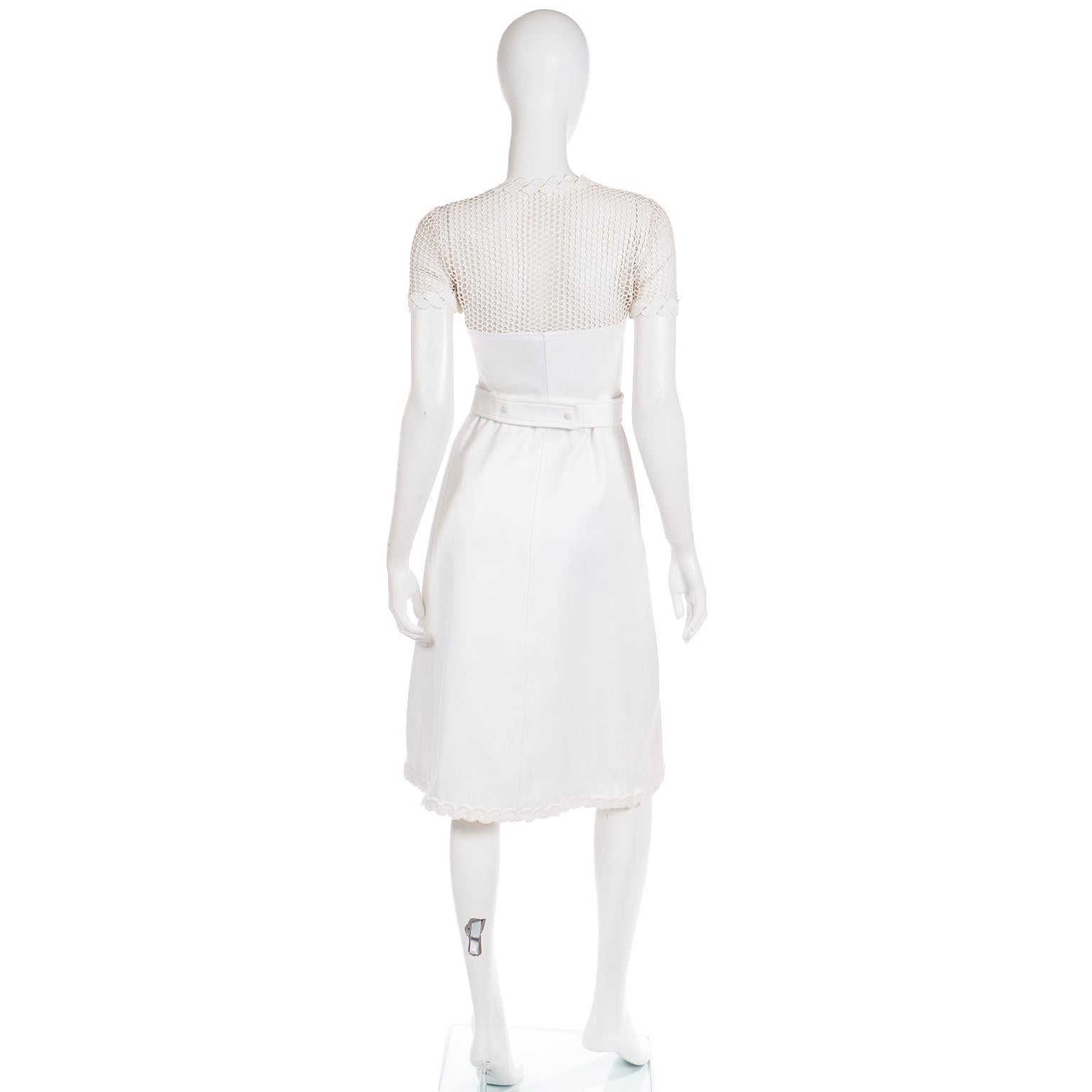 Vintage 1960s Andre Courreges White Dress With Crochet Mesh & Belt For Sale 1