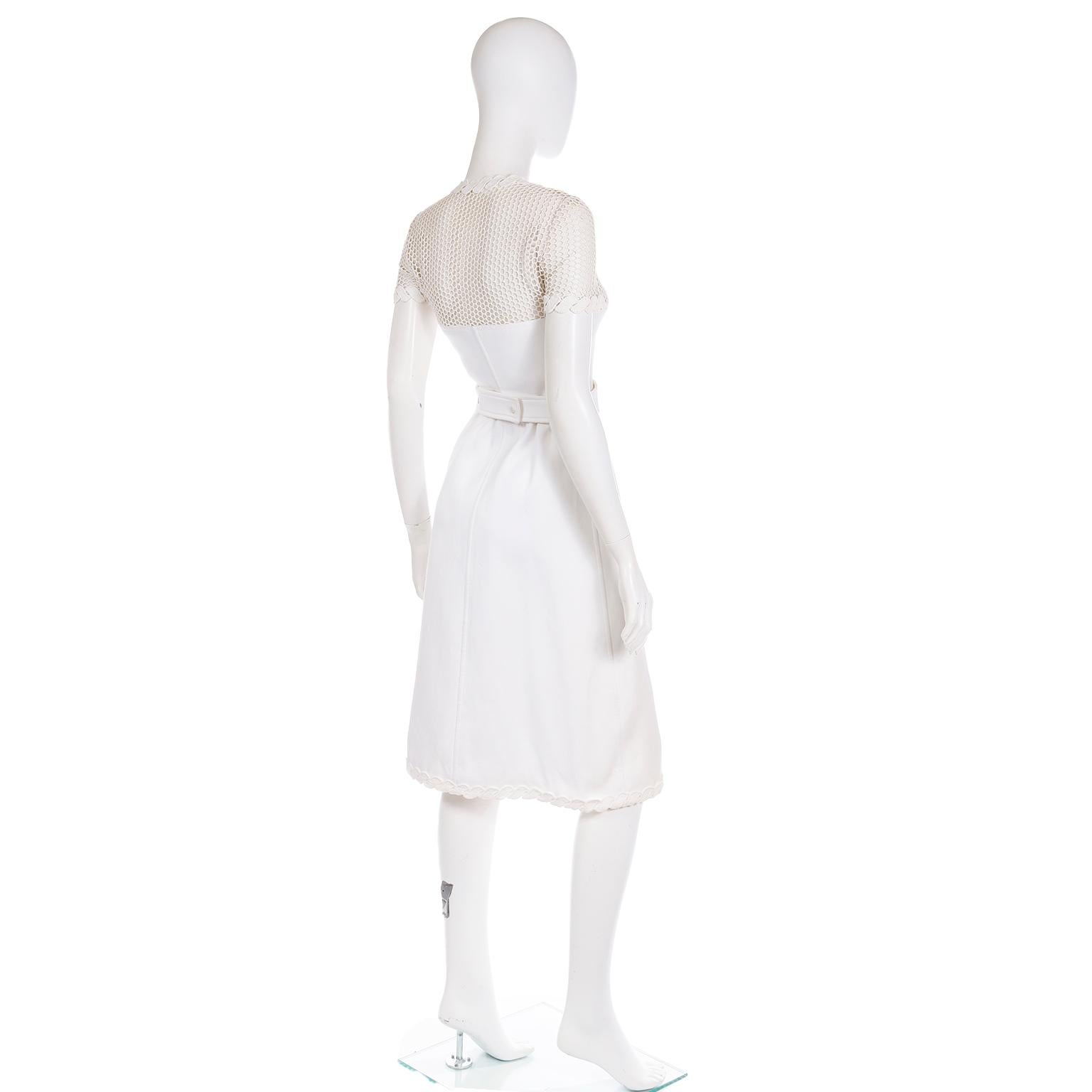 Vintage 1960s Andre Courreges White Dress With Crochet Mesh & Belt For Sale 2