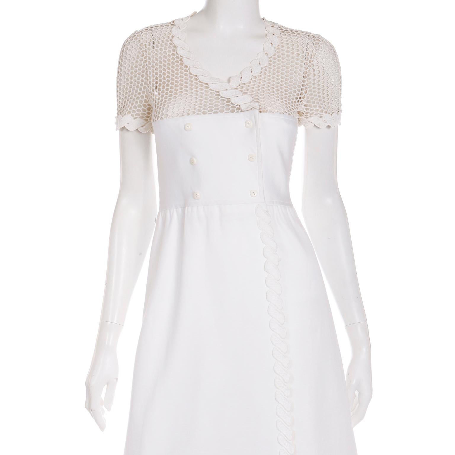 Vintage 1960s Andre Courreges White Dress With Crochet Mesh & Belt 3