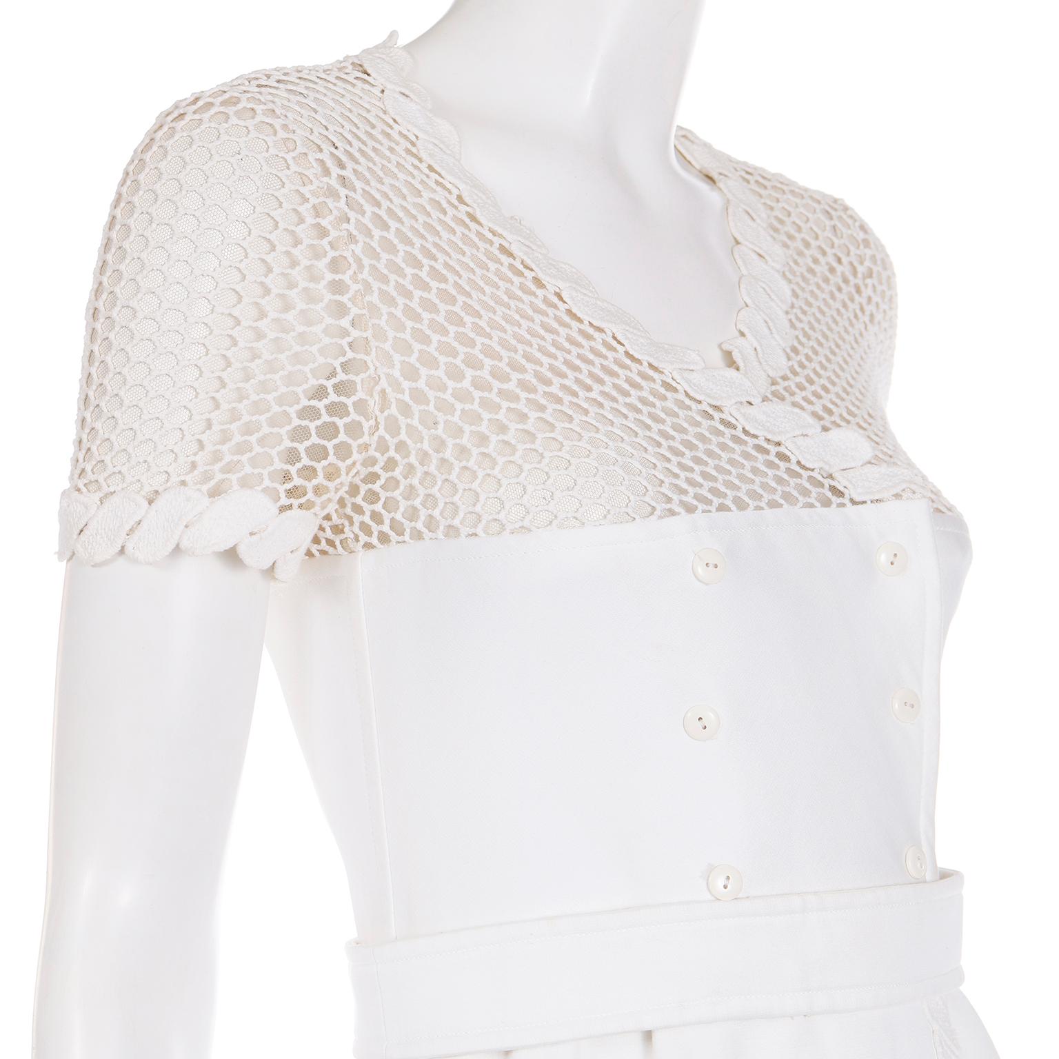 Vintage 1960s Andre Courreges White Dress With Crochet Mesh & Belt For Sale 4