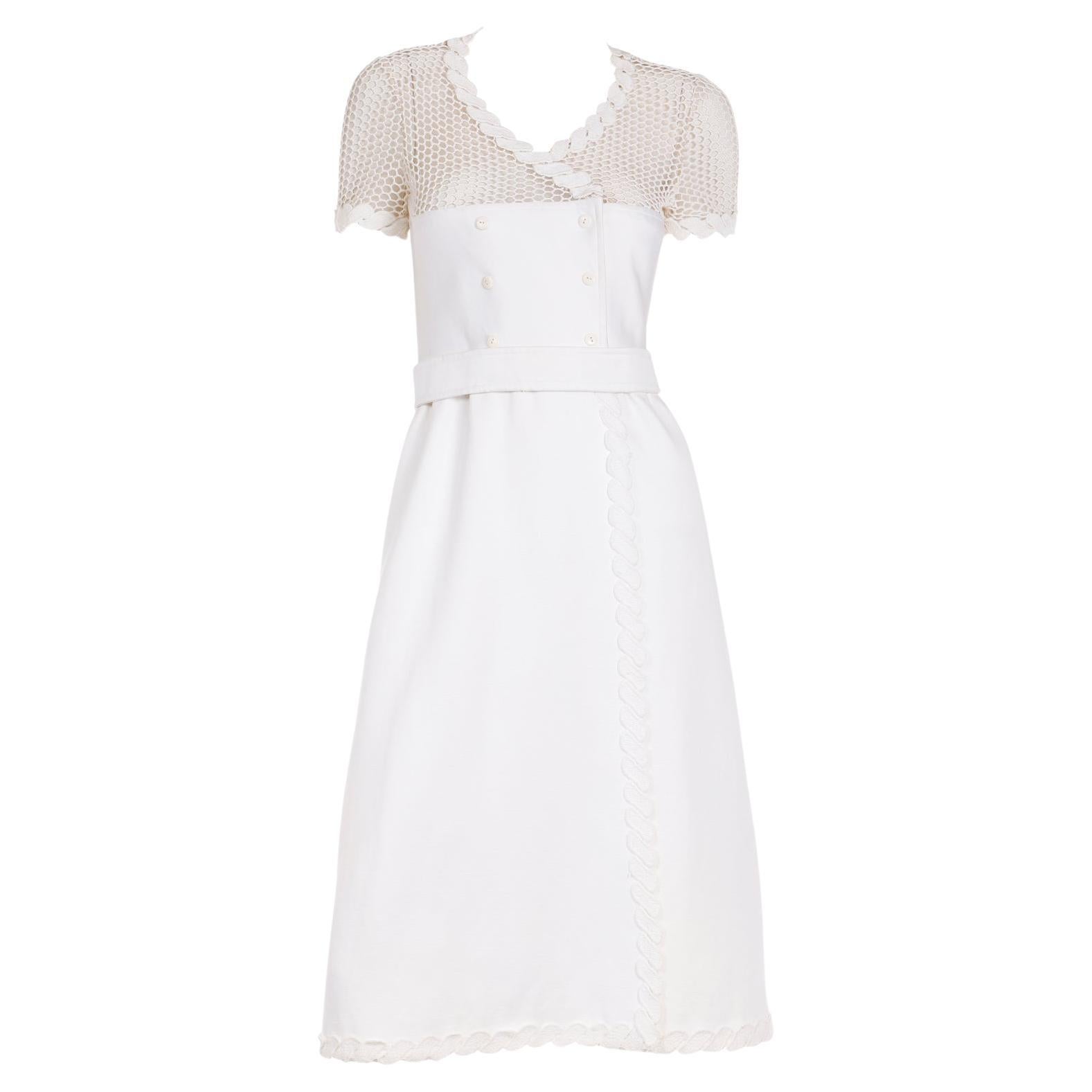 Vintage 1960s Andre Courreges White Dress With Crochet Mesh & Belt For Sale