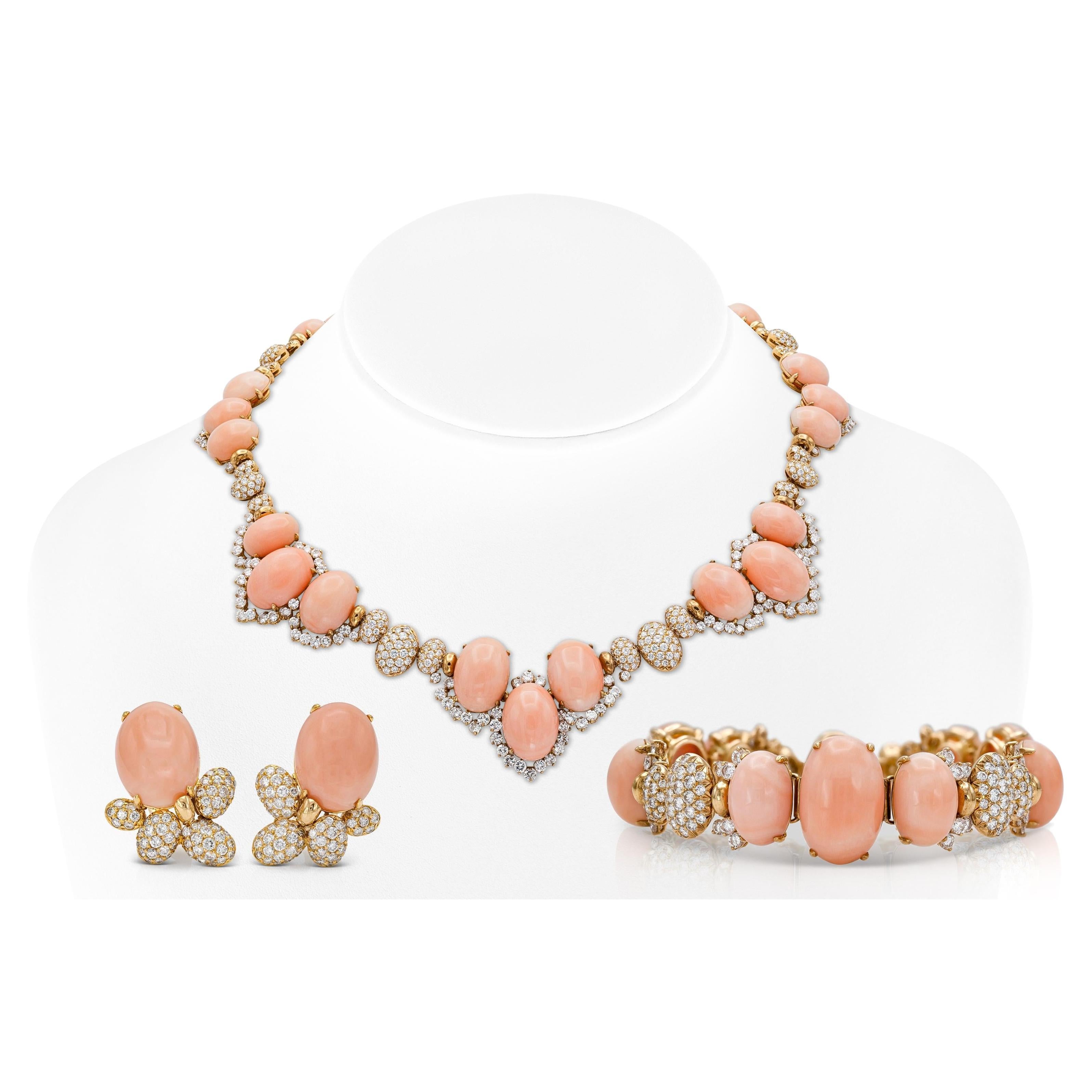Vintage 1960s Angel Skin Coral Necklace Bracelet and Earrings Set For Sale