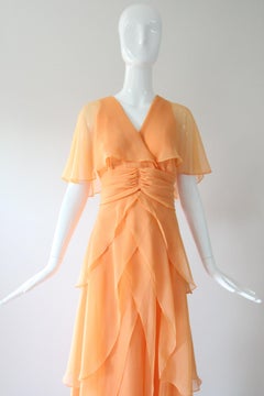 Vintage 1960's Apricot Pleated Maxi Dress Sixties Long Chiffon Dress UK 10 US 6