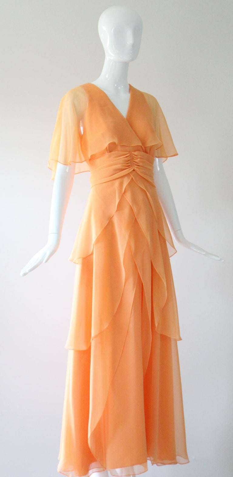 Vintage 1960's Apricot Pleated Maxi Dress Sixties Long Chiffon Dress UK 10  US 6 at 1stDibs