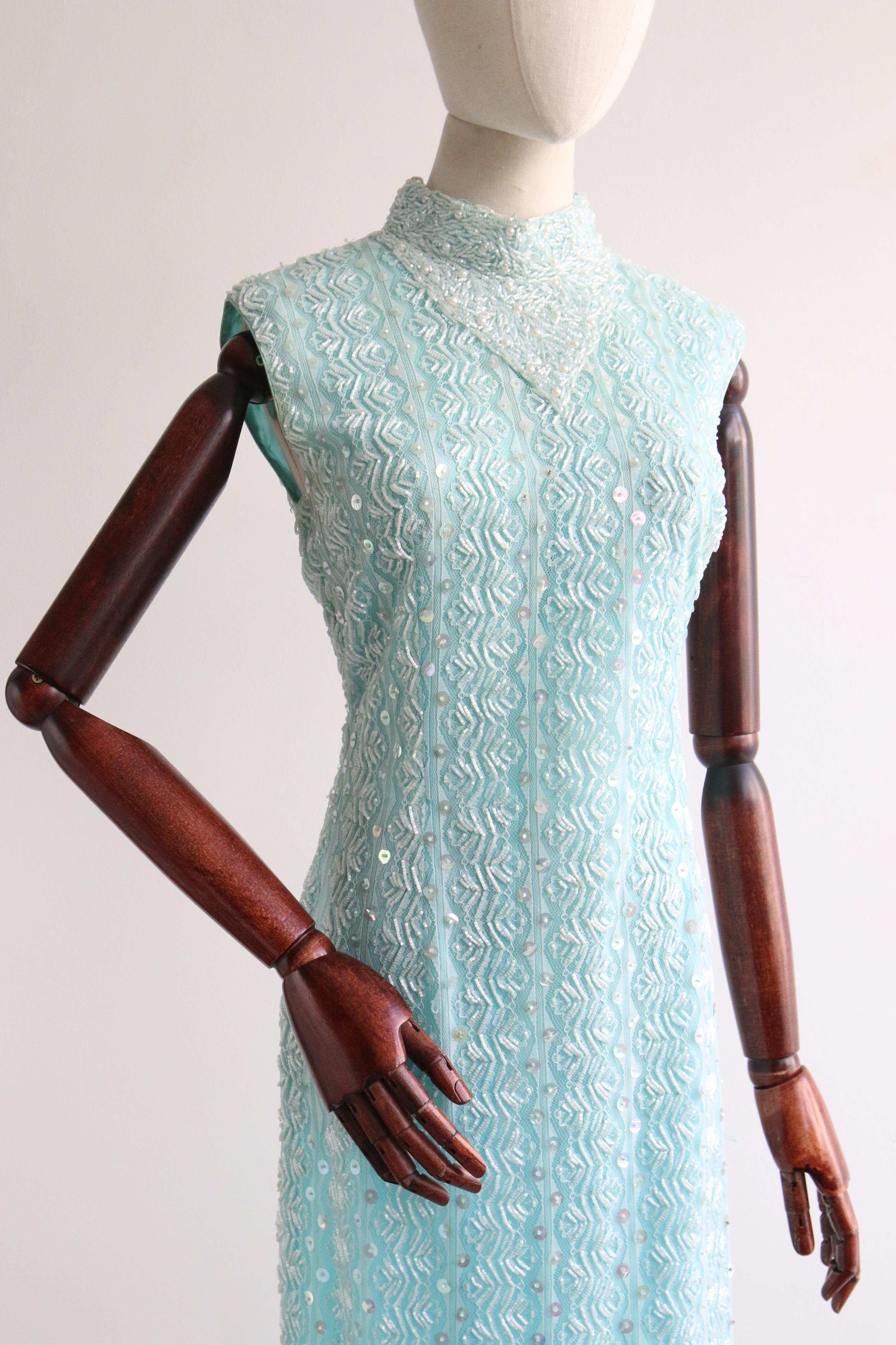Women's Vintage 1960's Aqua Beaded Lace Dress UK 10-12 US 6-8 For Sale