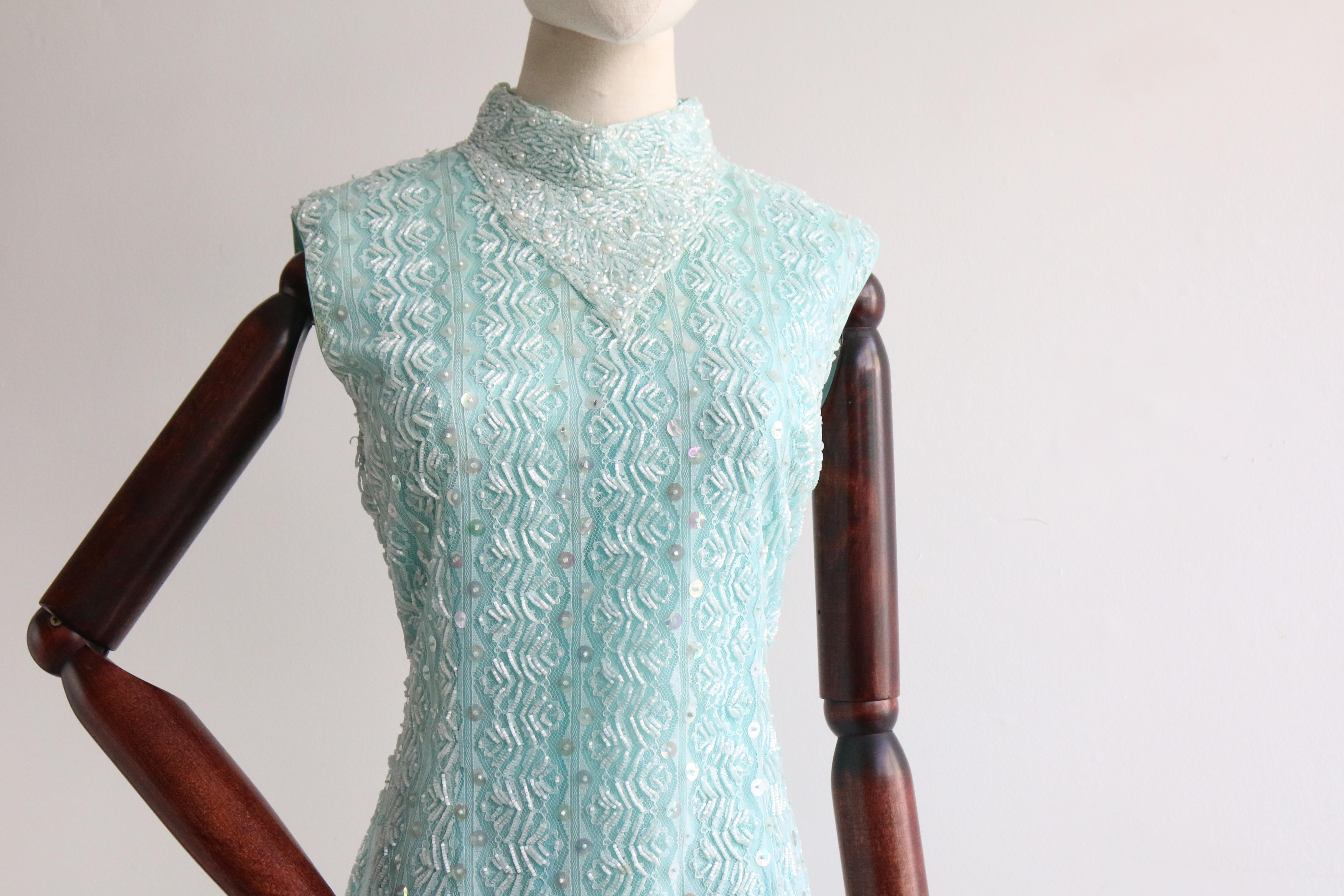 Vintage 1960's Aqua Beaded Lace Dress UK 10-12 US 6-8 For Sale 1