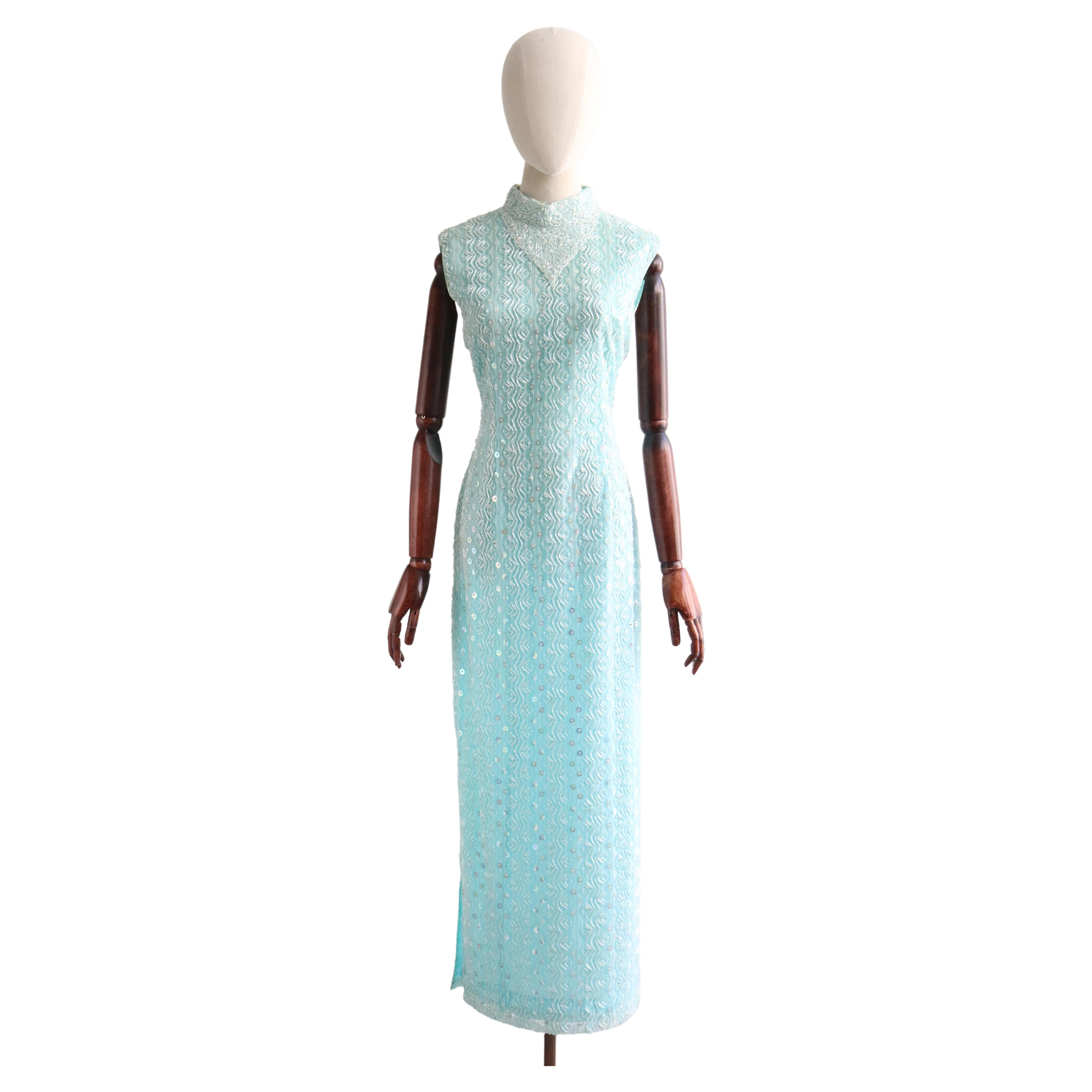 Vintage 1960's Aqua Beaded Lace Dress UK 10-12 US 6-8 For Sale