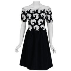 Vintage 1960's Arnold Scaasi Black & White Leather Applique Silk Evening Dress
