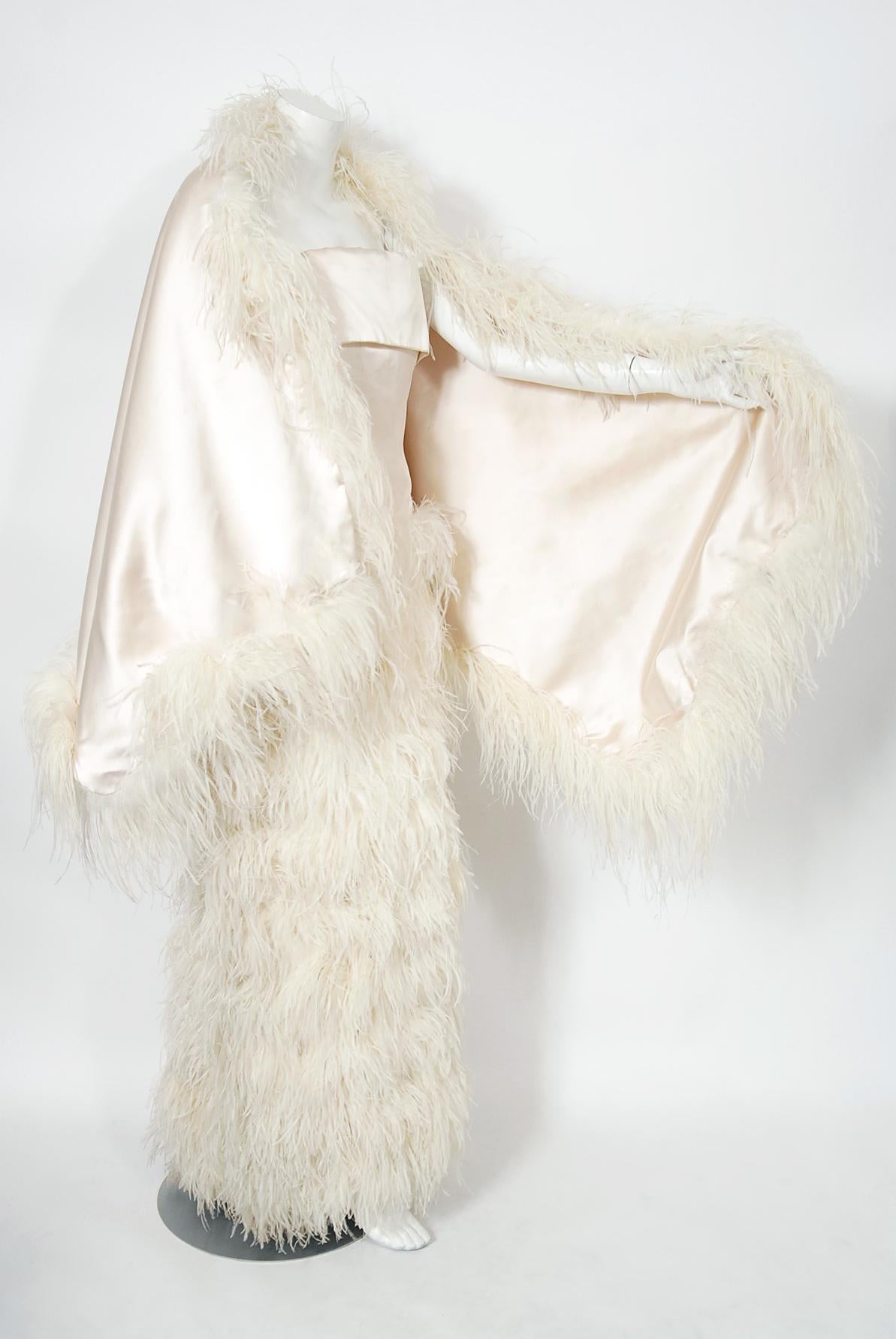 Vintage 1960s Arnold Scaasi Couture Ivory Satin Feather Strapless Gown w/ Shawl 6