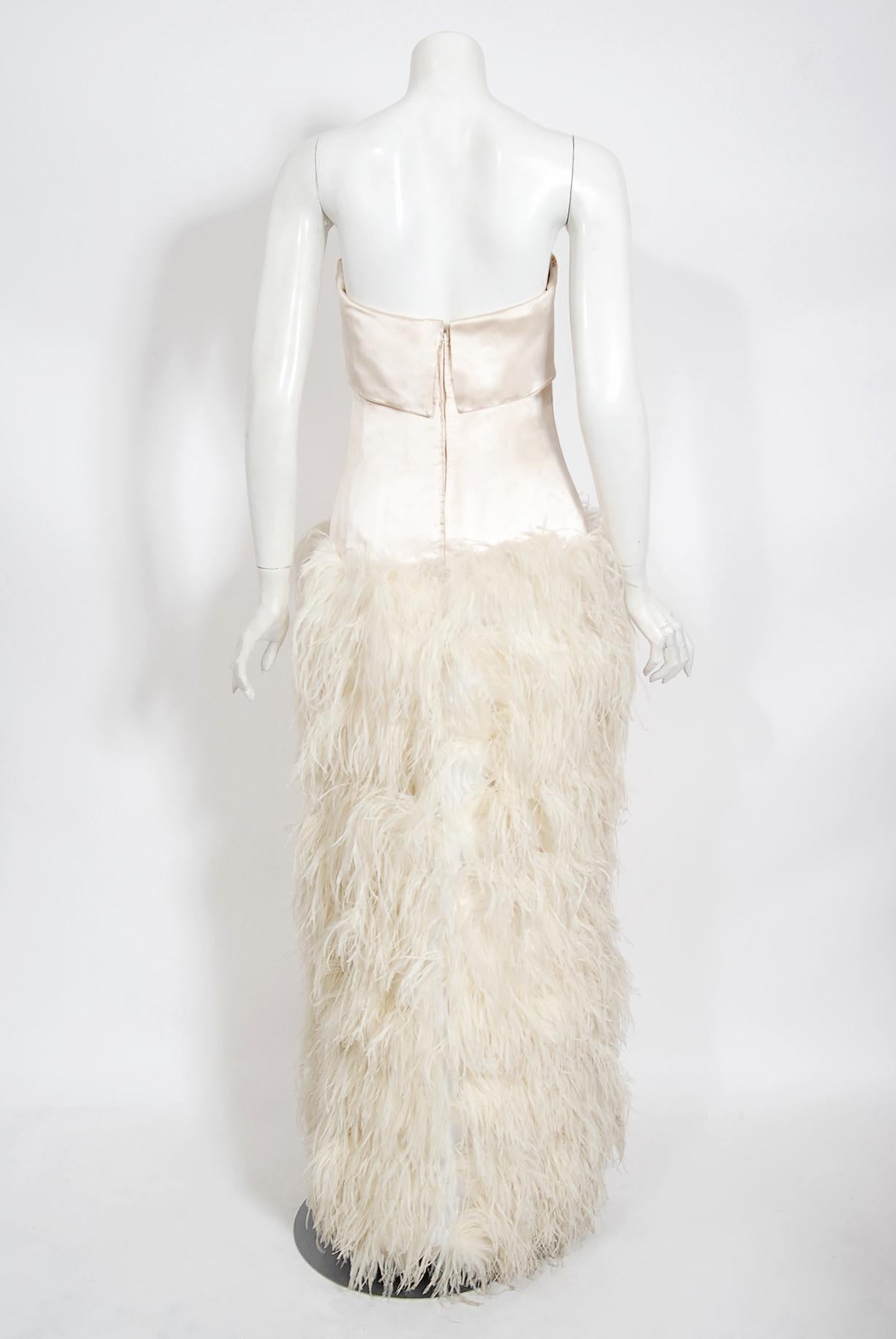 Vintage 1960s Arnold Scaasi Couture Ivory Satin Feather Strapless Gown w/ Shawl  10