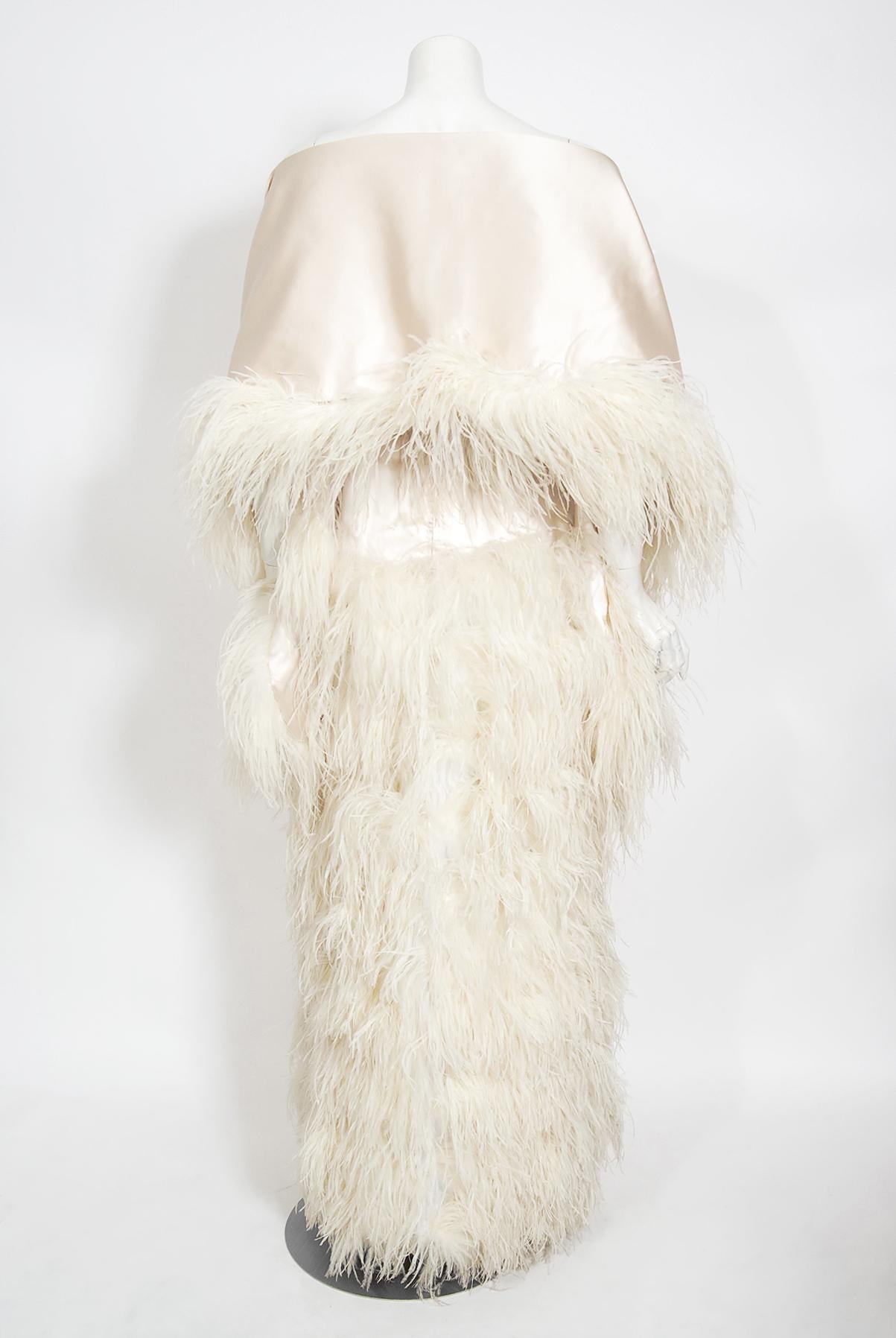 Vintage 1960s Arnold Scaasi Couture Ivory Satin Feather Strapless Gown w/ Shawl 11