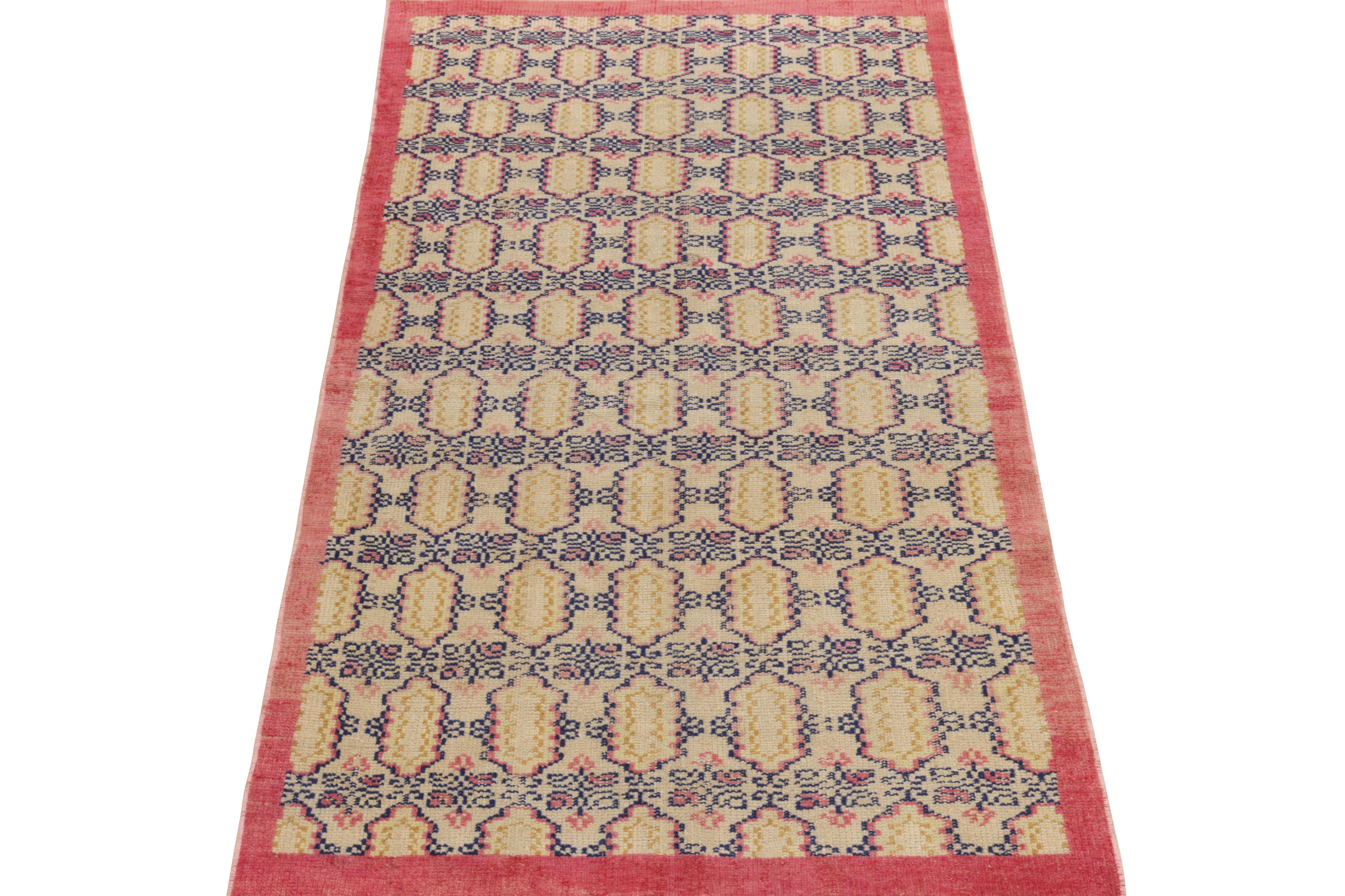 Hand-knotted in wool, a 4x7 distressed vintage rug from our Mid-Century Pasha collection commemorating the works of a bold Mid-Century Turkish artist.

This 1960s style takes an interesting spin with geometric deco sensibilities for exceptional