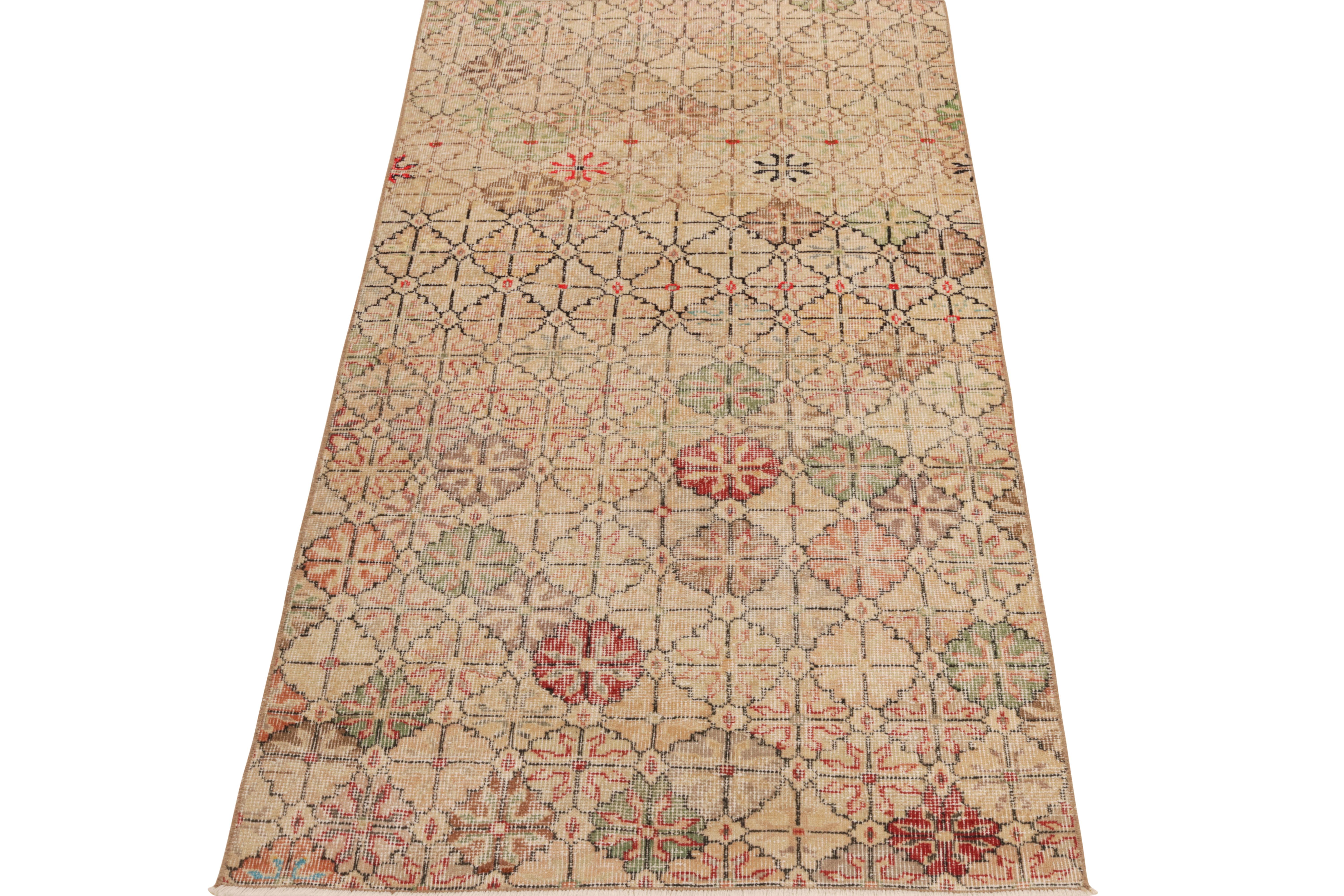 From Rug & Kilim’s mid-century Pasha collection, a 1960s vintage rug celebrating the works of a bold multidisciplinary designer from Turkey. Hand-knotted in low-sheared, texturally distressed wool, this 3x6 piece unravels a spectacle of a glorious