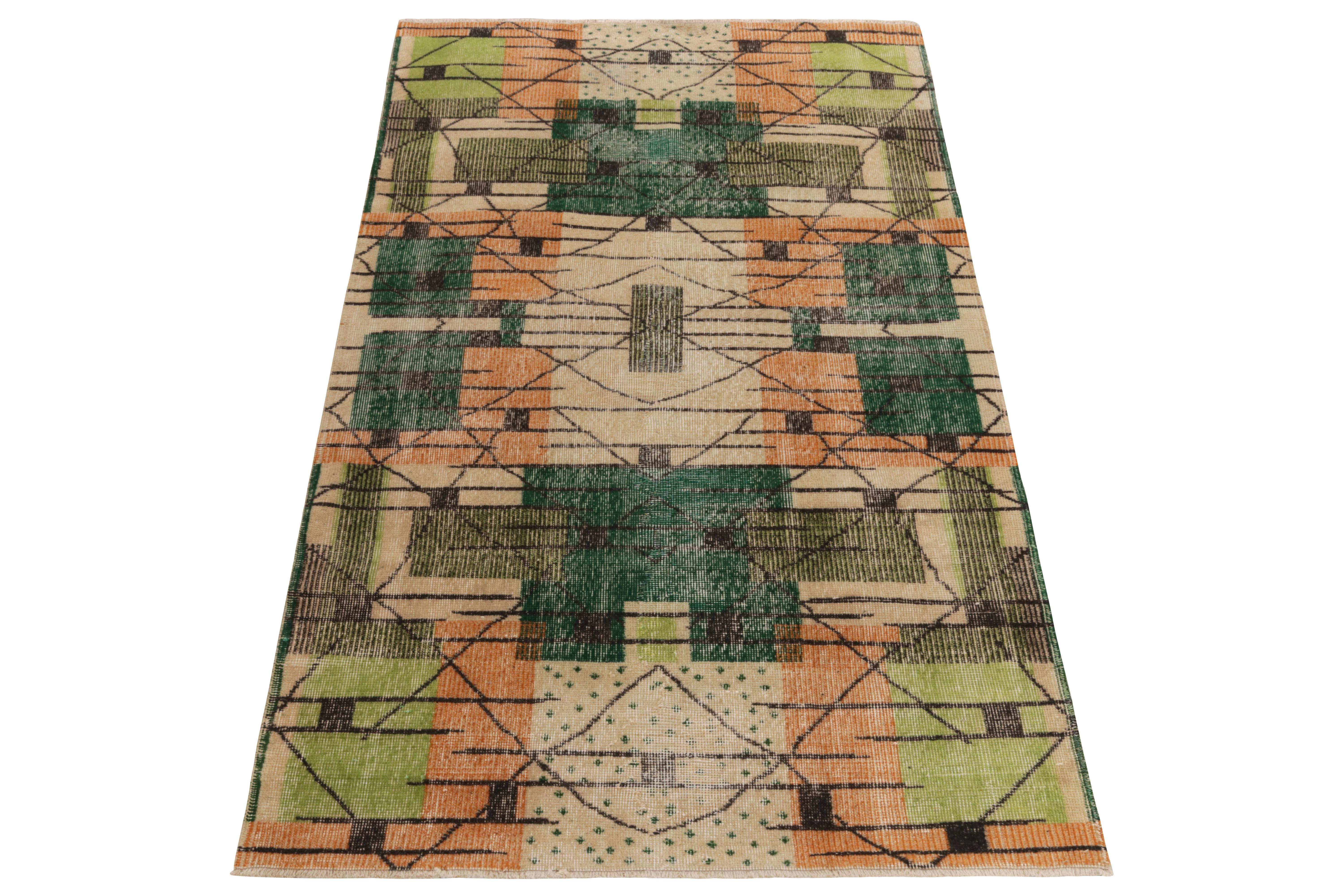 From Rug & Kilim’s mid century Pasha collection, a 1960s rug celebrating the works of a bold designer from Turkey. The 4x7 piece showcases a powerplay of midcentury aesthetics with Deco sensibilities in distressed, low pile style for a unique