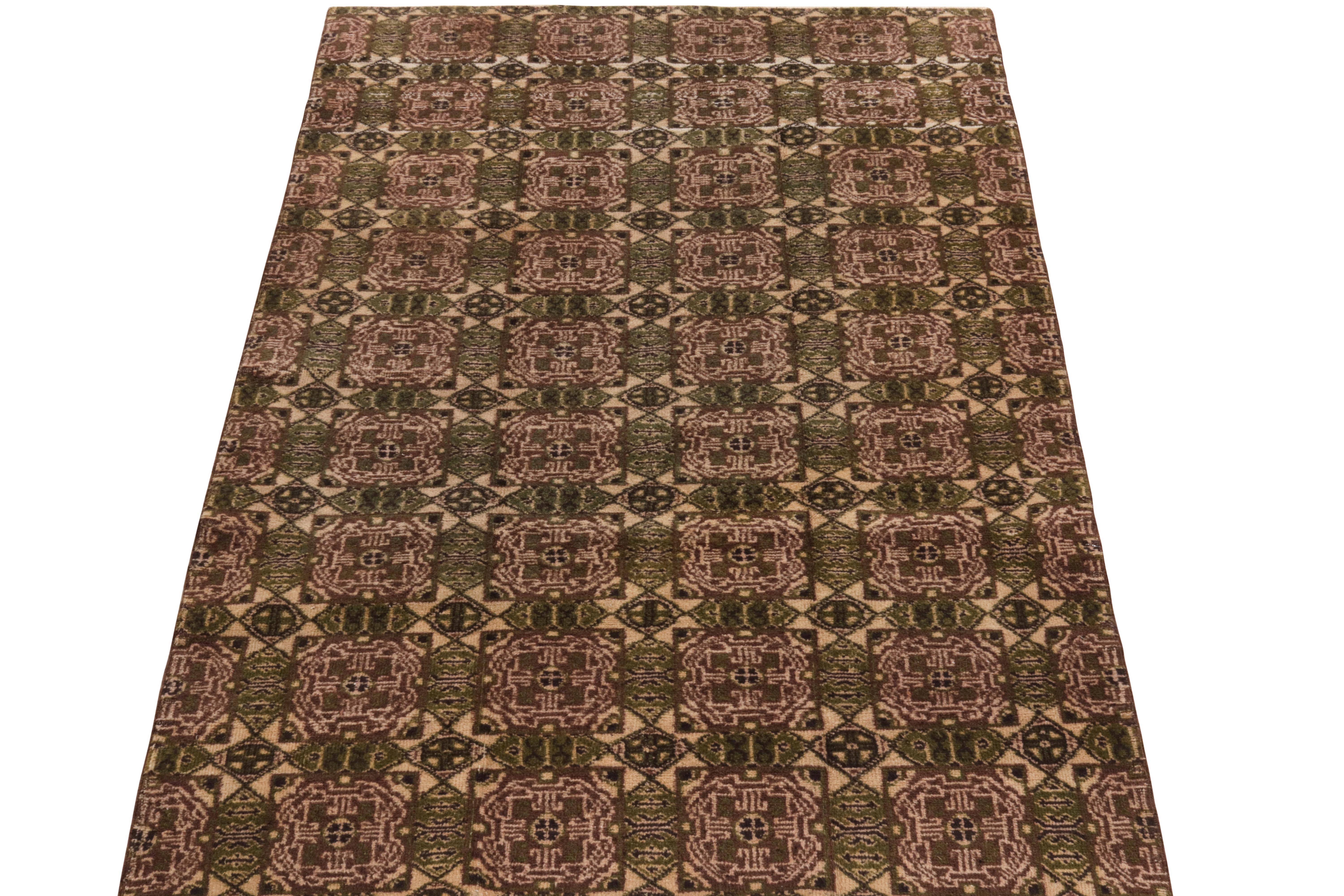 Hand-knotted in wool, a 4x7 distressed vintage rug from our mid century Pasha collection, commemorating the works of an exemplary Turkish artist. 

The 1960s style takes an intriguing liberty with geometric deco sensibilities for creating