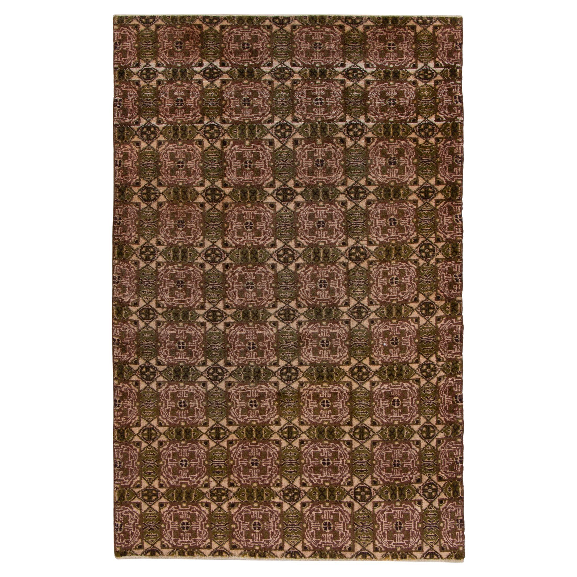 Art déco Vintage 1960er Jahre Vintage-Teppich in Grün, Braun mit geometrischem Muster von Teppich & Kelim im Angebot