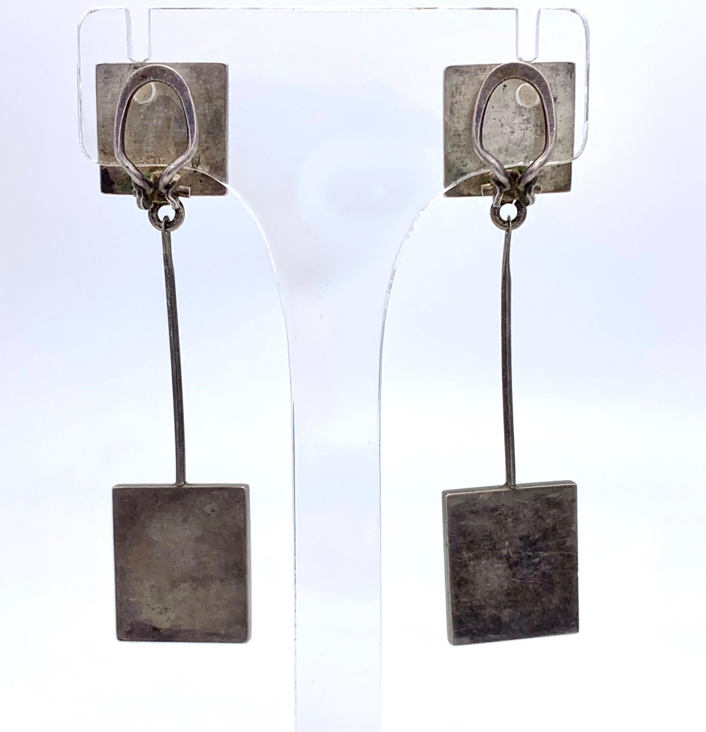 Vintage 1960's Artist WL Dangle Clip-on Earrings Silver Pyrite In Good Condition For Sale In Munich, Bavaria