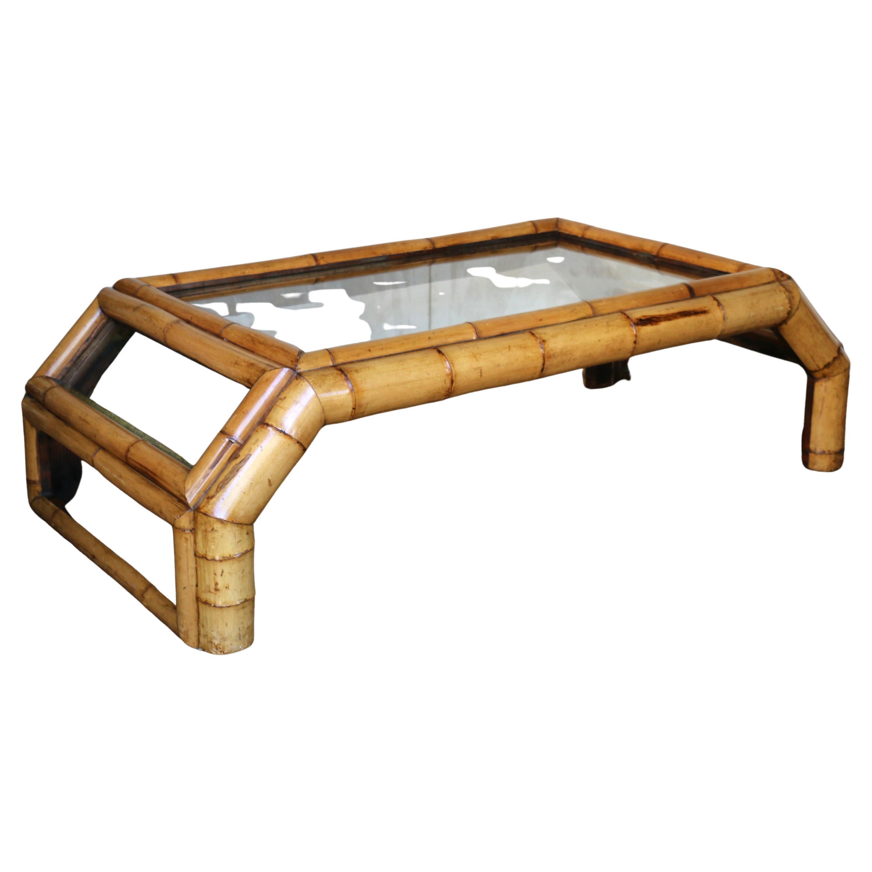 Tavolino in bambù vintage del 1960 con piano in vetro originale