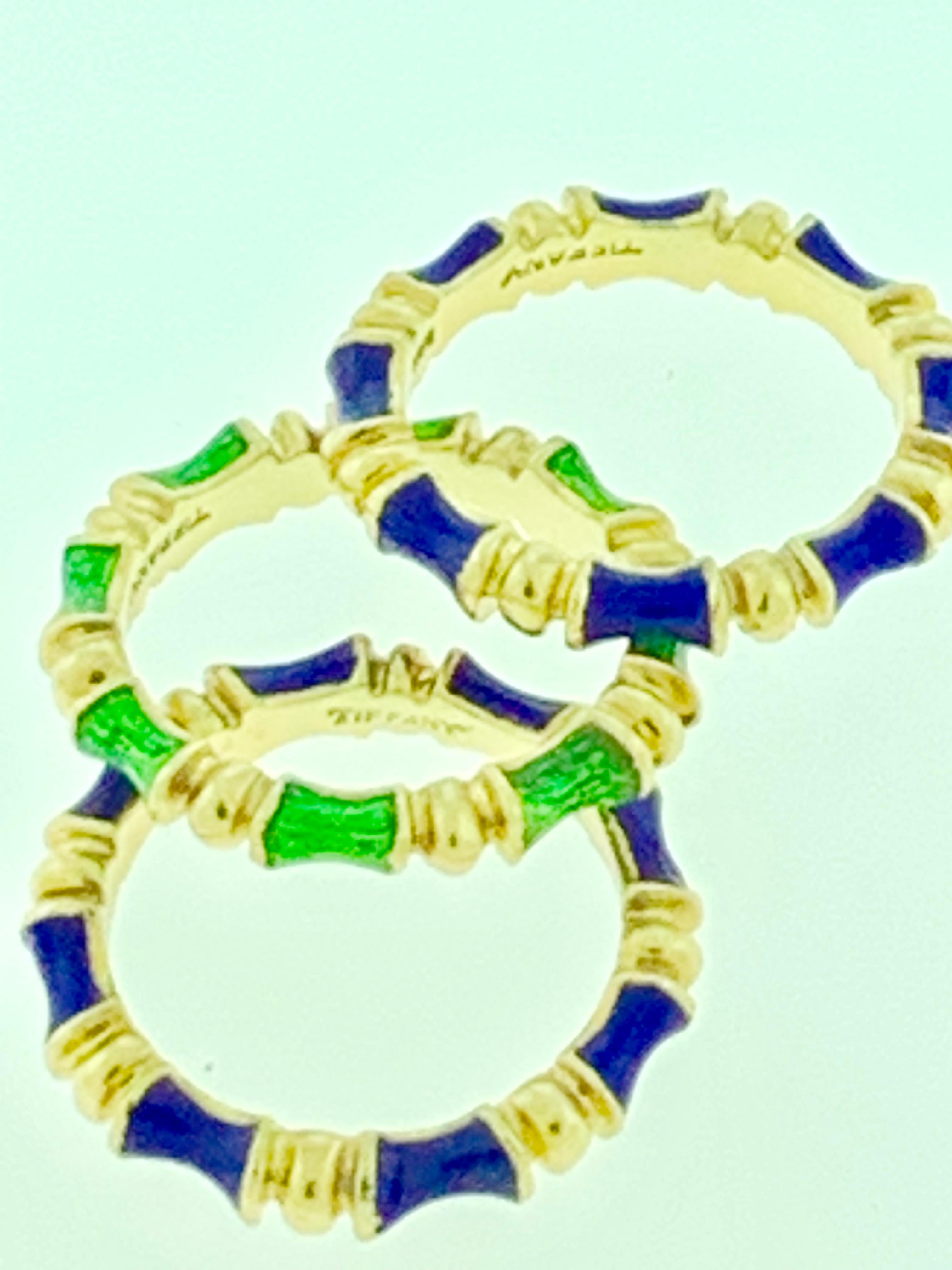 Vintage 1960s Bamboo Tiffany & Co. Schlumberger Enamel Set of 3 Bands Green/Blue 1