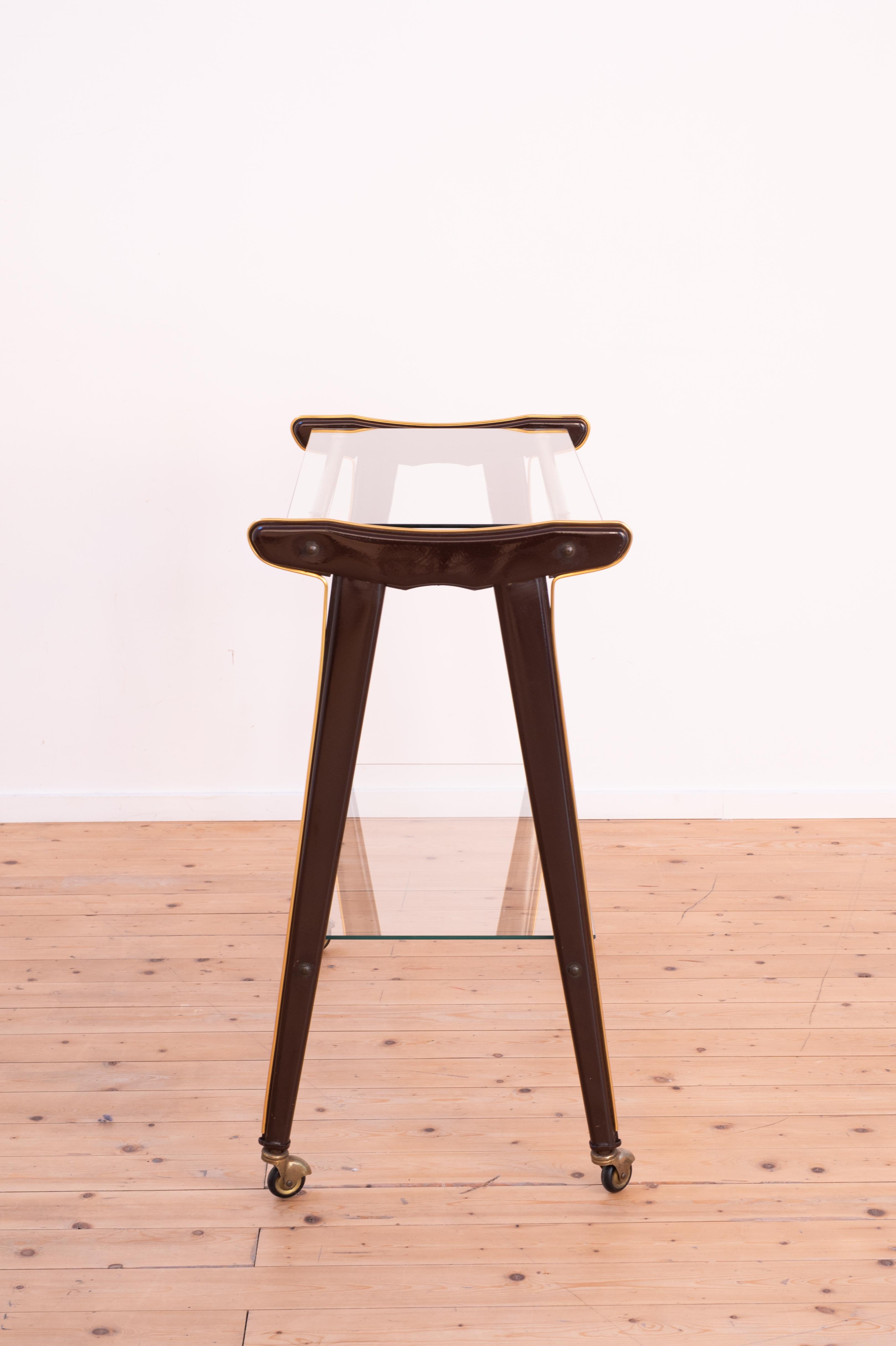 Belgian Vintage 1960s Bar Cart on Wheels, with 2 Glass Shelves and Details in Brass