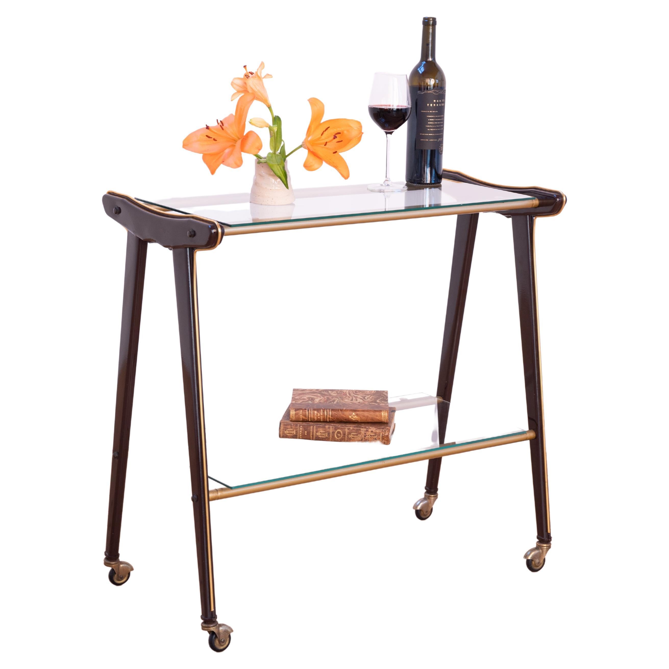 Vintage 1960s Bar Cart on Wheels, with 2 Glass Shelves and Details in Brass