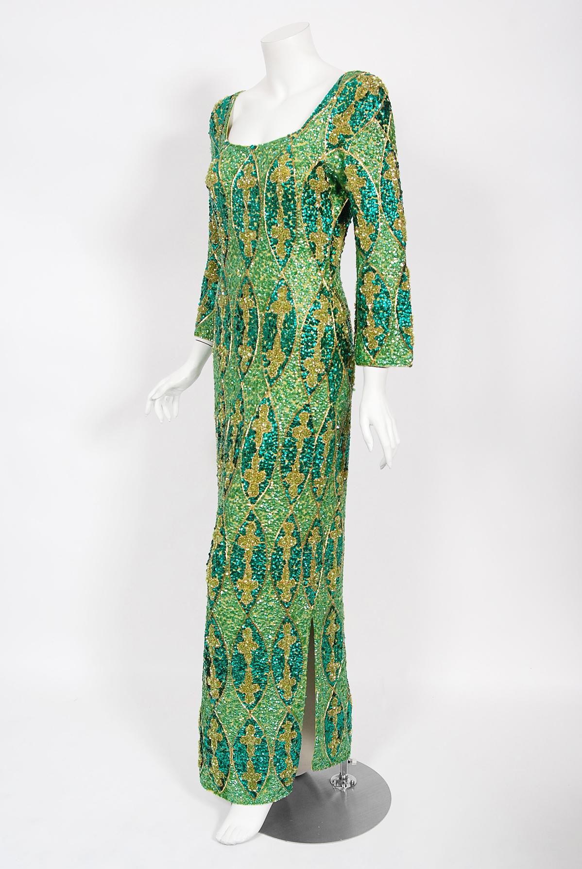 Women's Vintage 1960's Beaded Sequin Green Graphic Stretch-Knit Hourglass Evening Gown