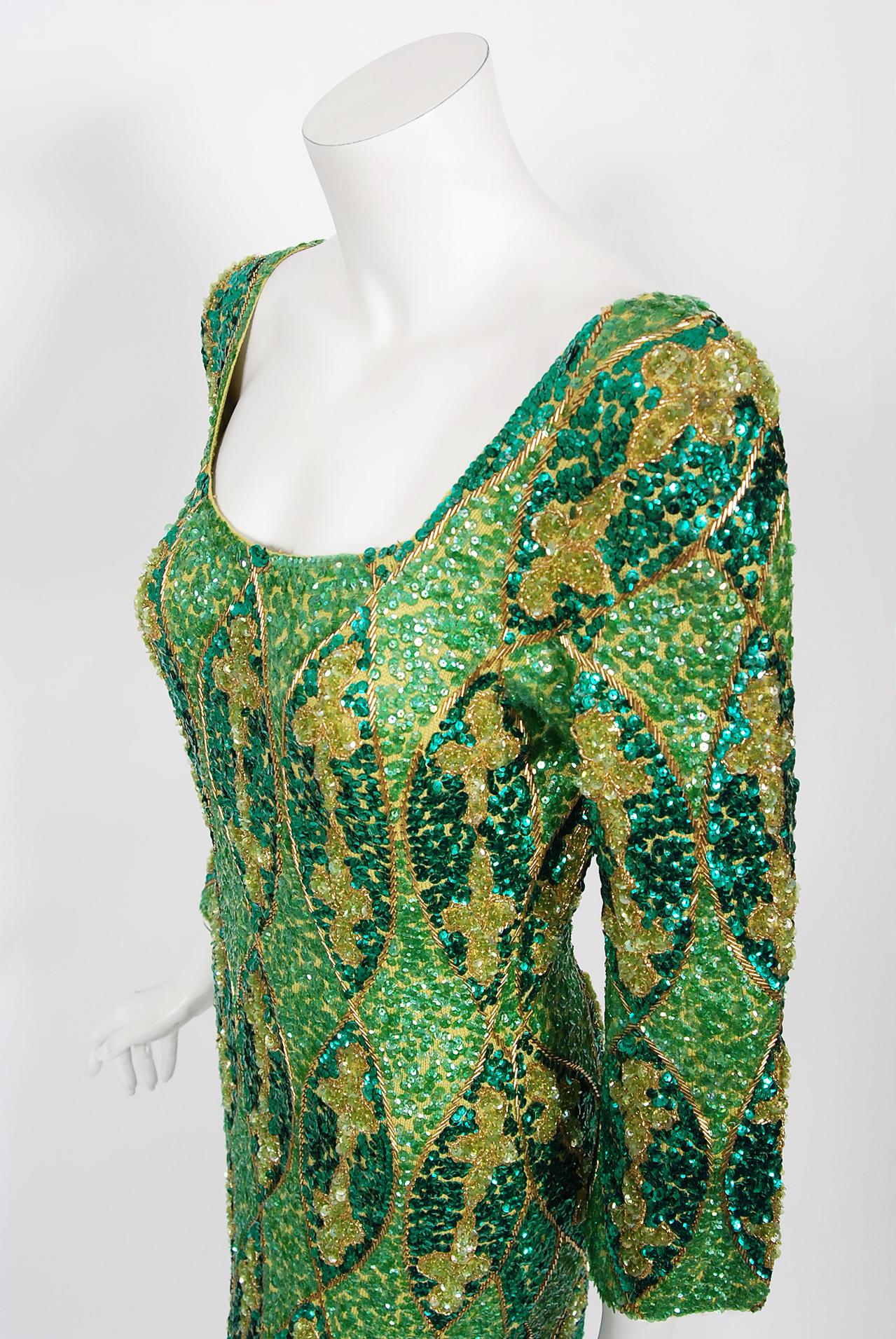 Vintage 1960's Beaded Sequin Green Graphic Stretch-Knit Hourglass Evening Gown 1