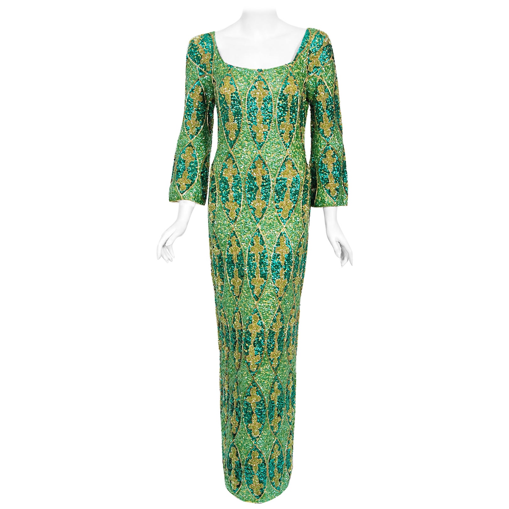 Vintage 1960
s Beaded Sequin Green Graphic Stretch-Knit Hourglass Evening Gown