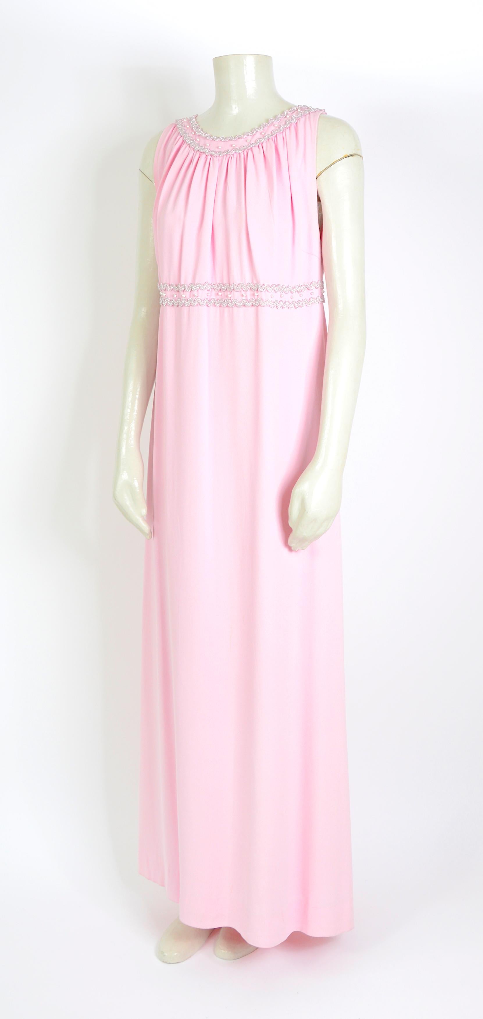 Pink Vintage 1960s Belgian couture made embellished pastel pink silk crepe long dress