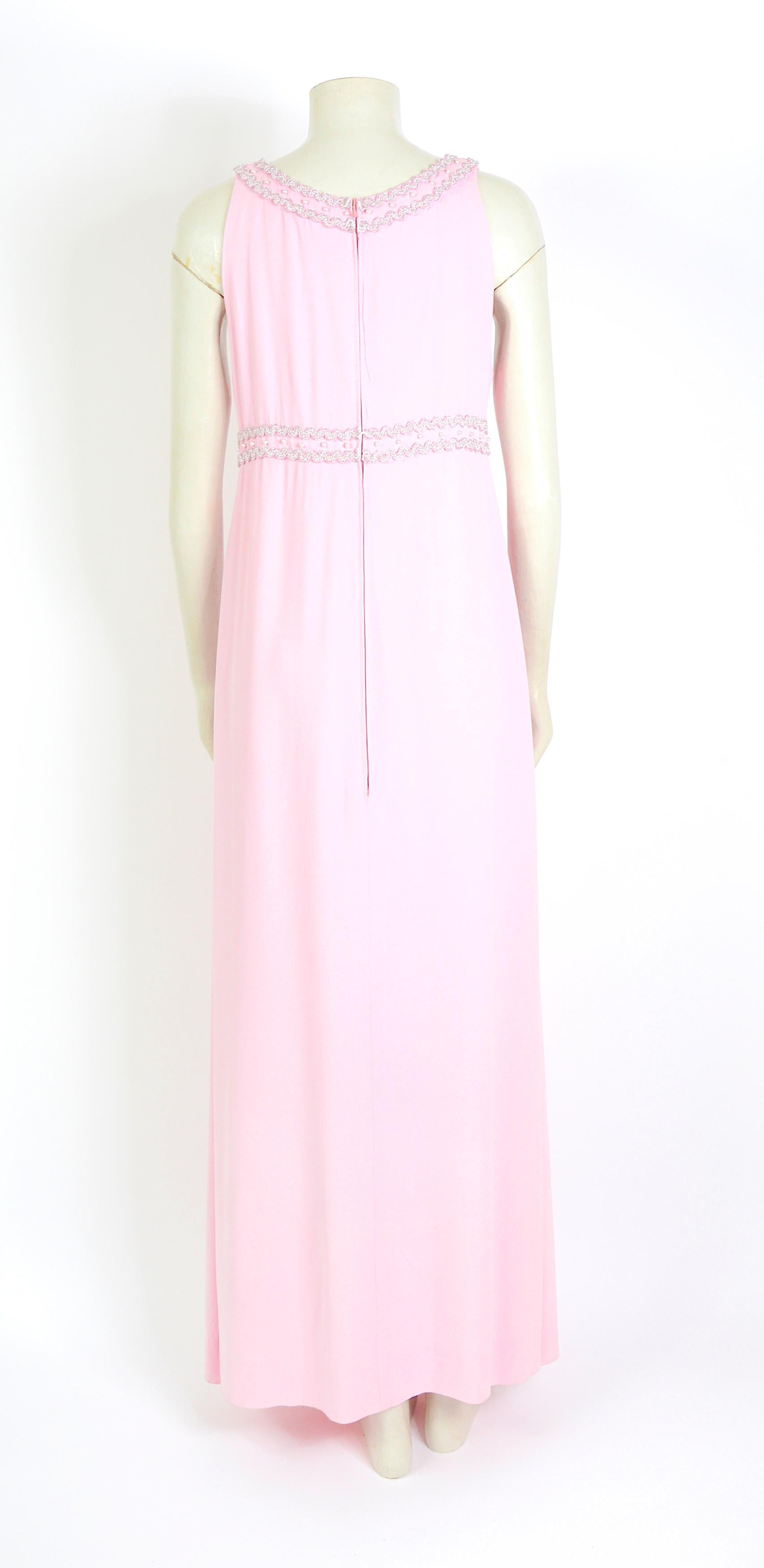 Women's Vintage 1960s Belgian couture made embellished pastel pink silk crepe long dress