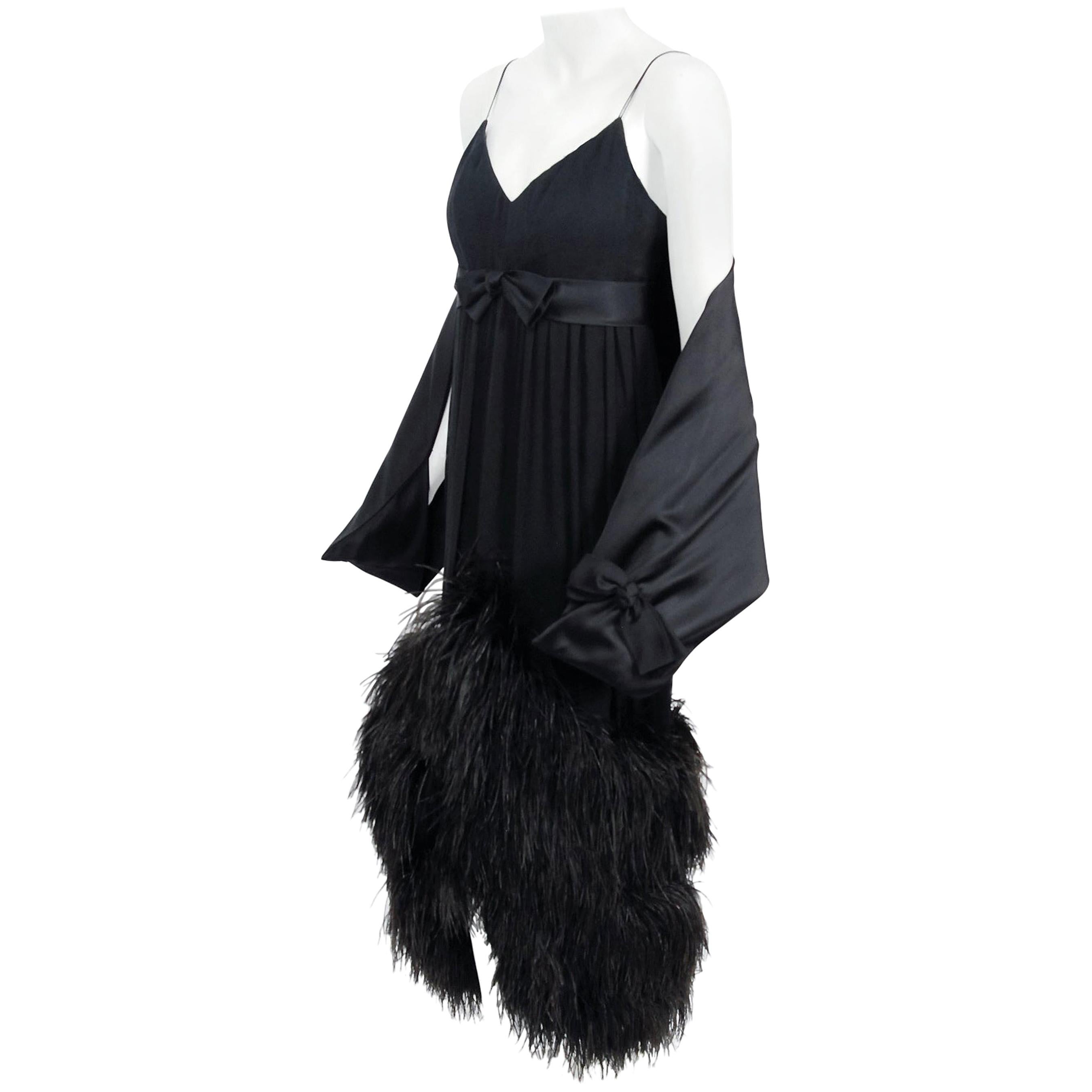 Vintage 1960's Bergdorf Couture Black Silk Ostrich Feather Empire Gown w/ Shawl
