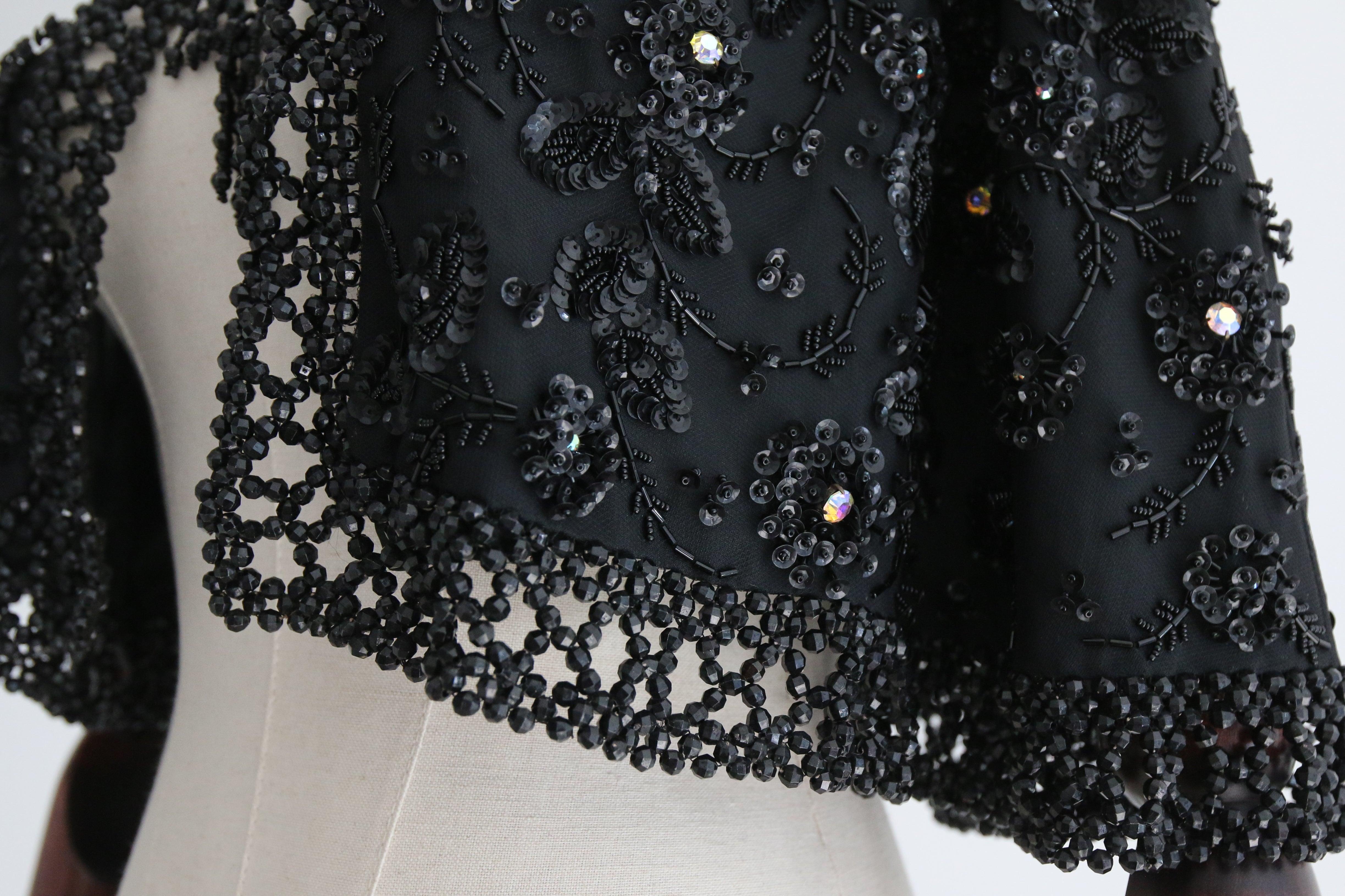 Vintage 1960's Black Beaded and Rhinestone Floral Evening Cape For Sale 6