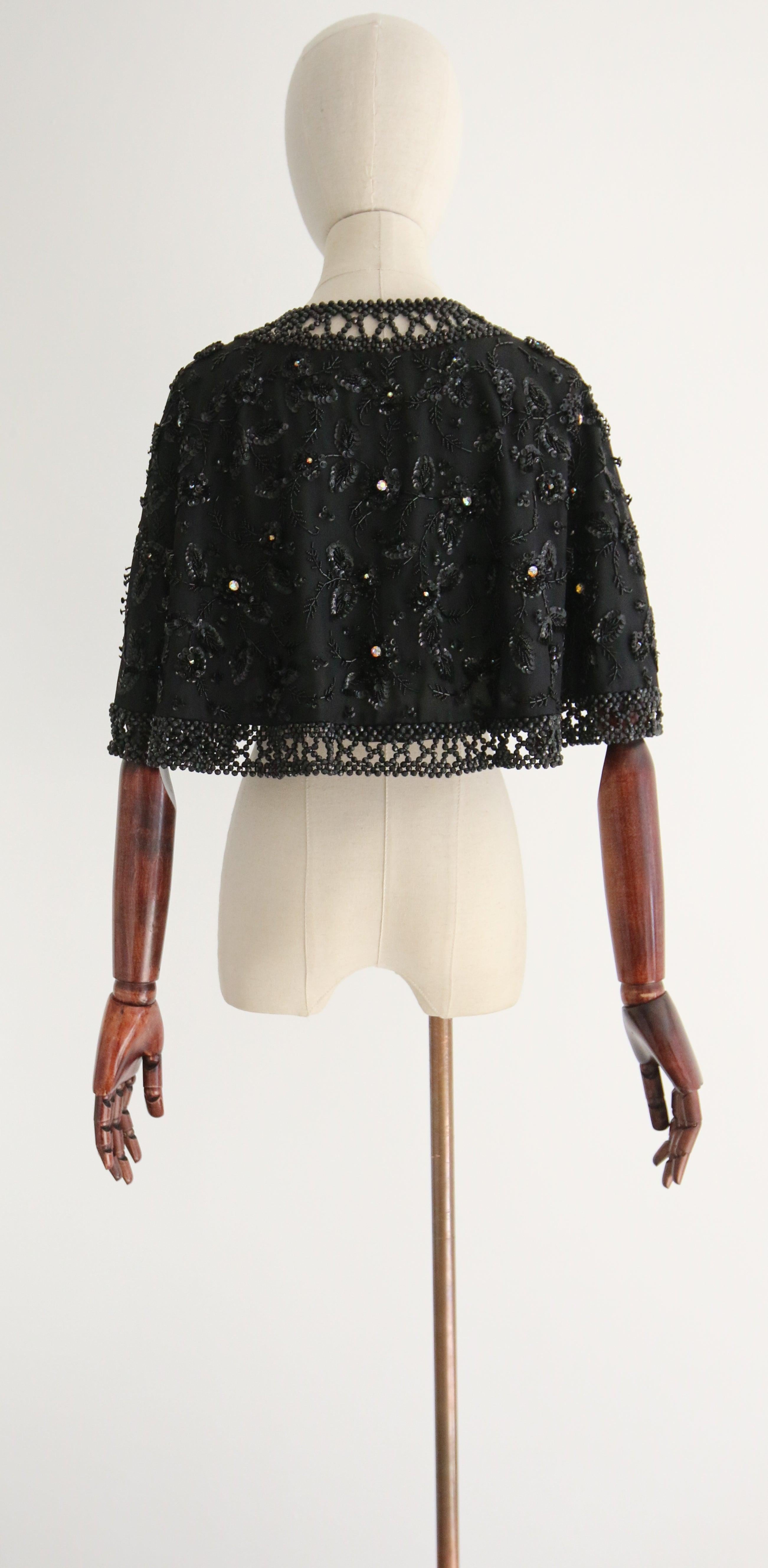 Vintage 1960's Black Beaded and Rhinestone Floral Evening Cape For Sale 7