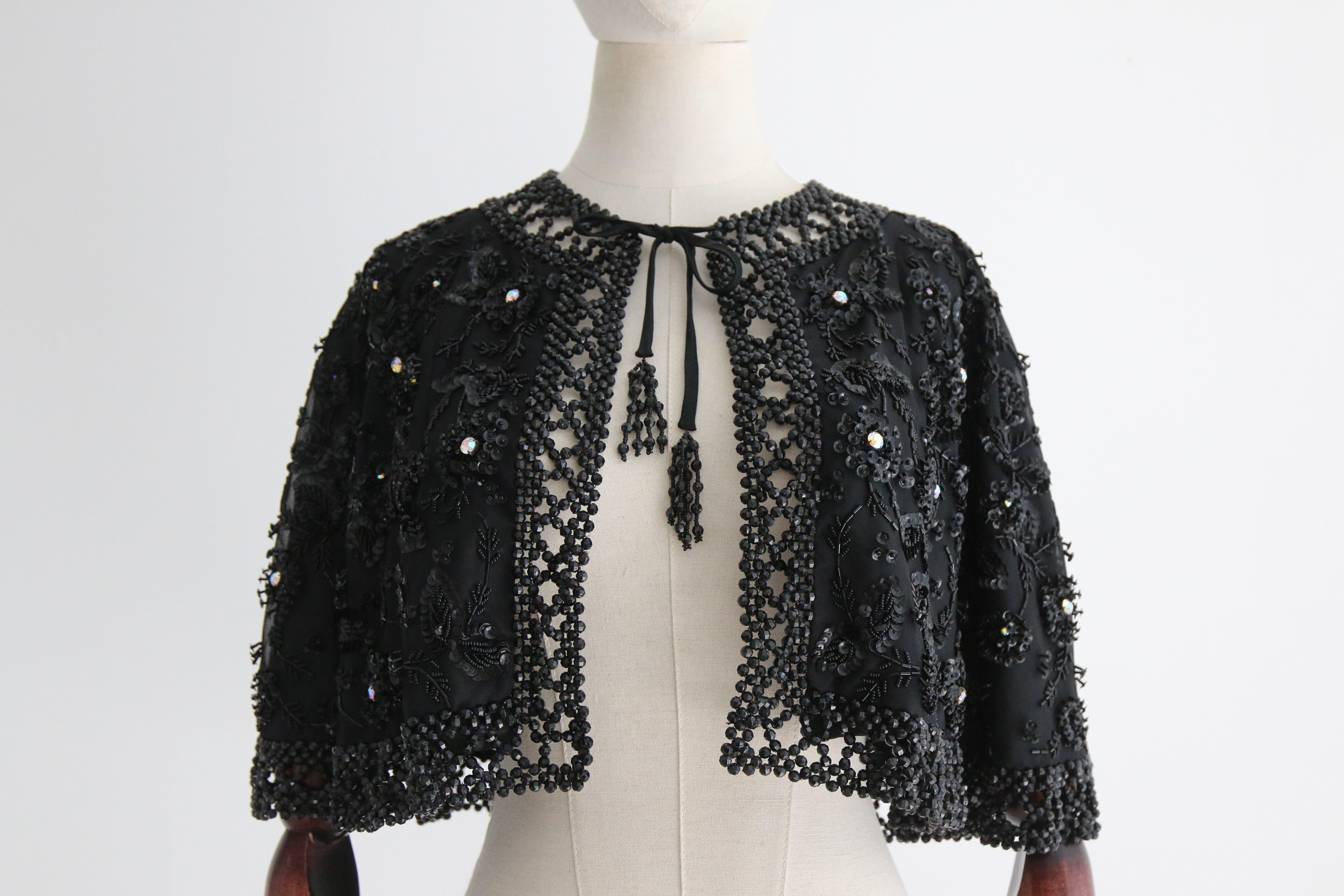 Women's or Men's Vintage 1960's Black Beaded and Rhinestone Floral Evening Cape For Sale