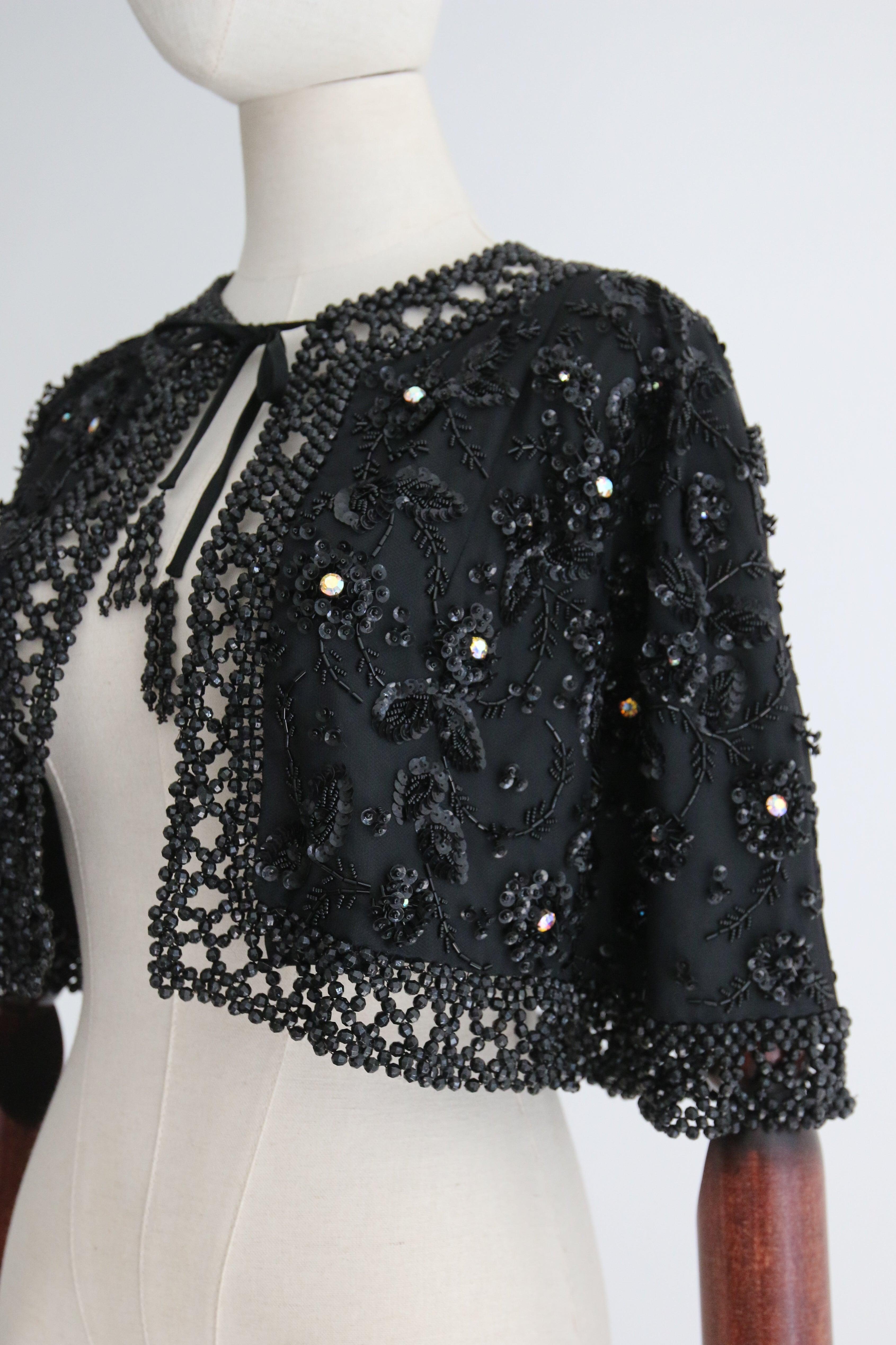 Vintage 1960's Black Beaded and Rhinestone Floral Evening Cape For Sale 1