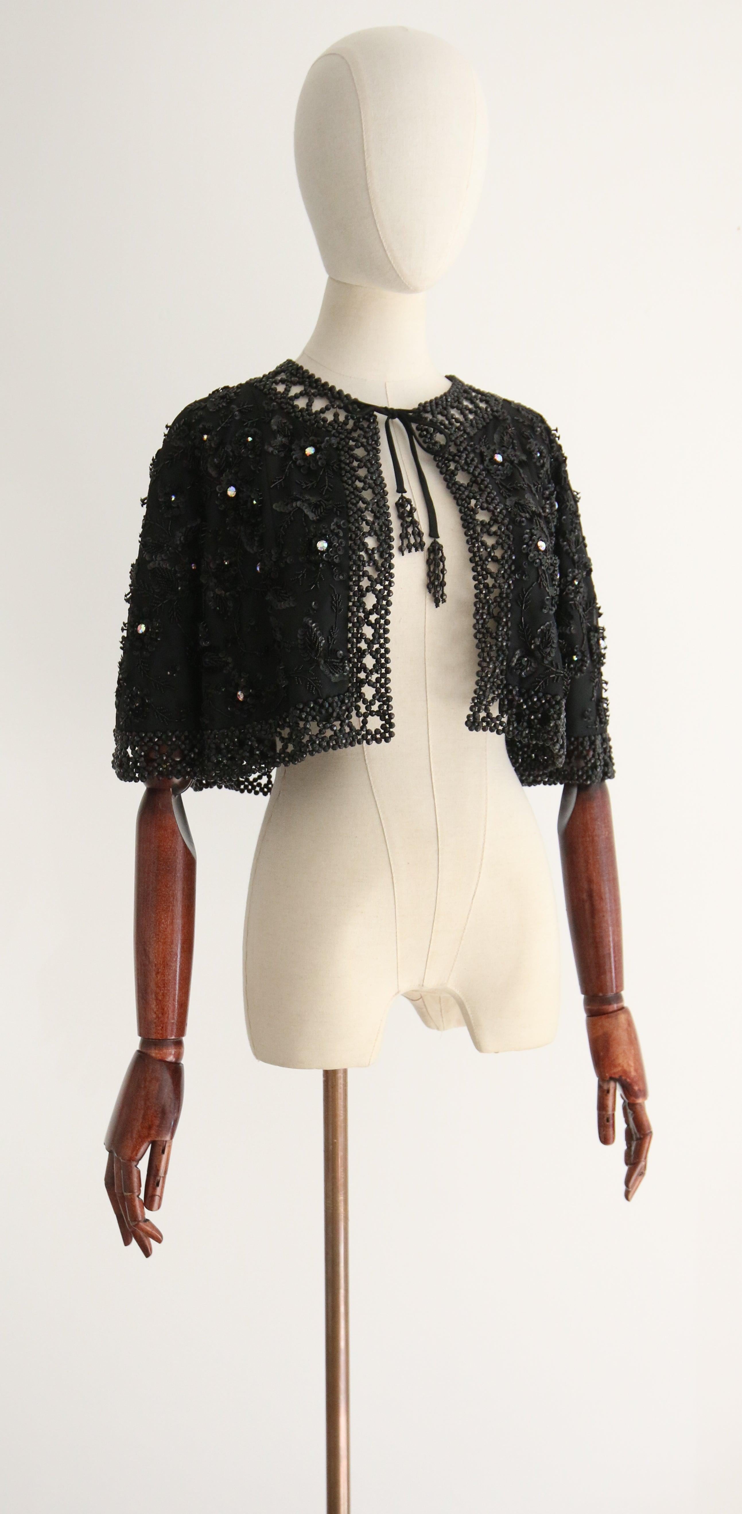 Vintage 1960's Black Beaded and Rhinestone Floral Evening Cape For Sale 2